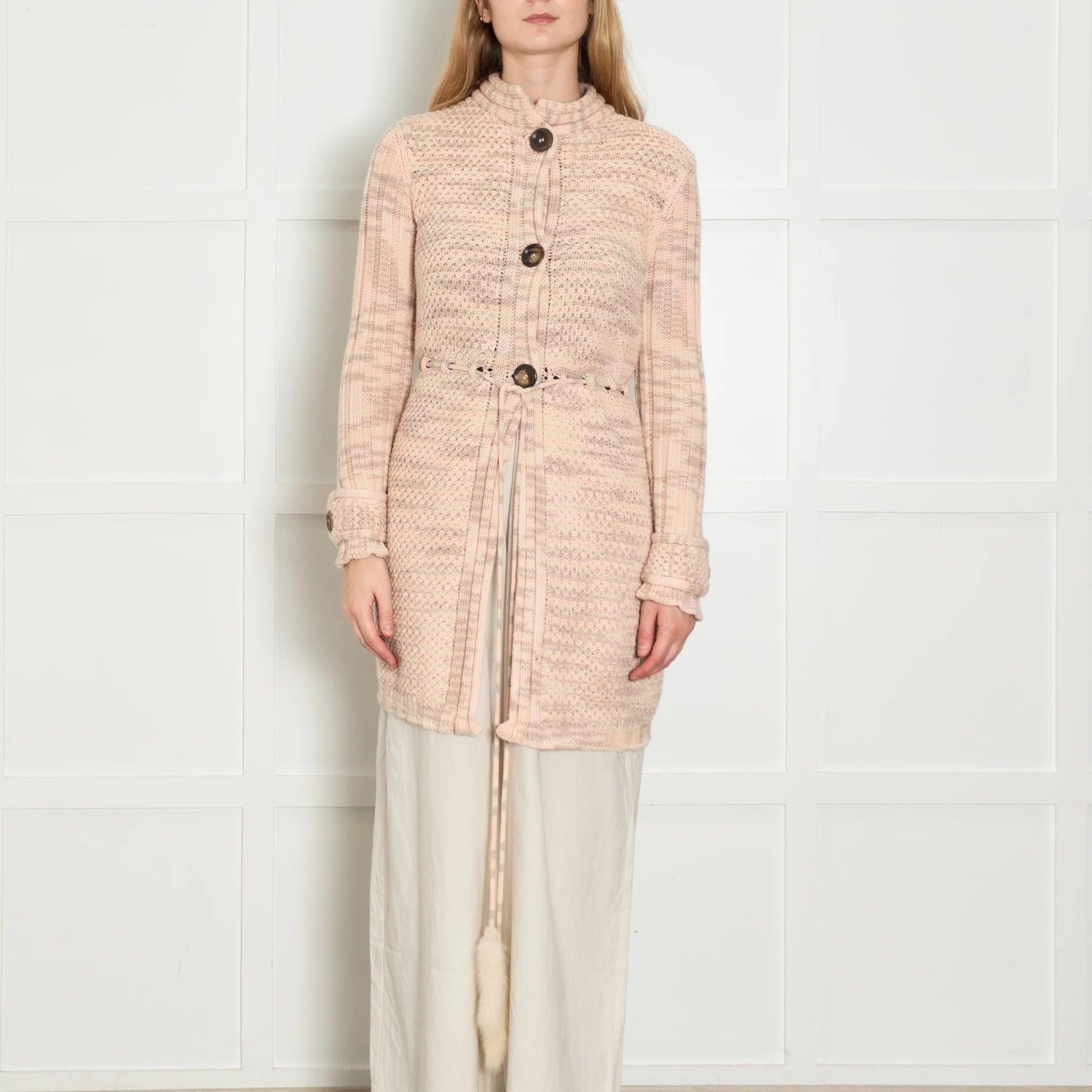 Missoni Pink Waffle Knit with Tied Waist Cardigan with Mink Trim - Image 2