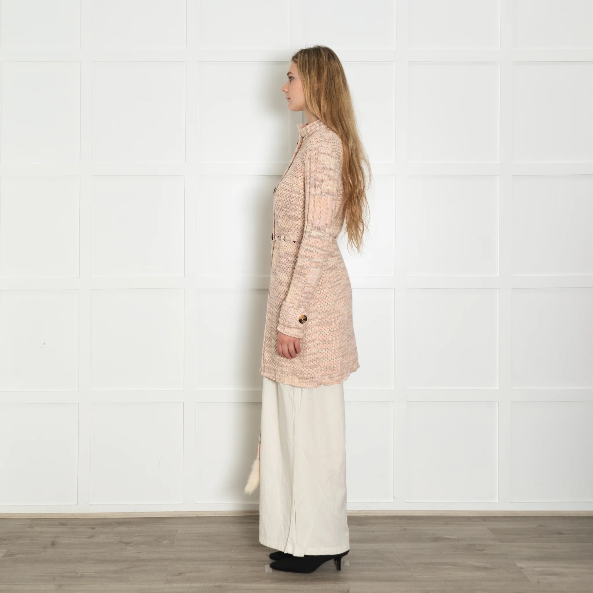 Missoni Pink Waffle Knit with Tied Waist Cardigan with Mink Trim - Image 4