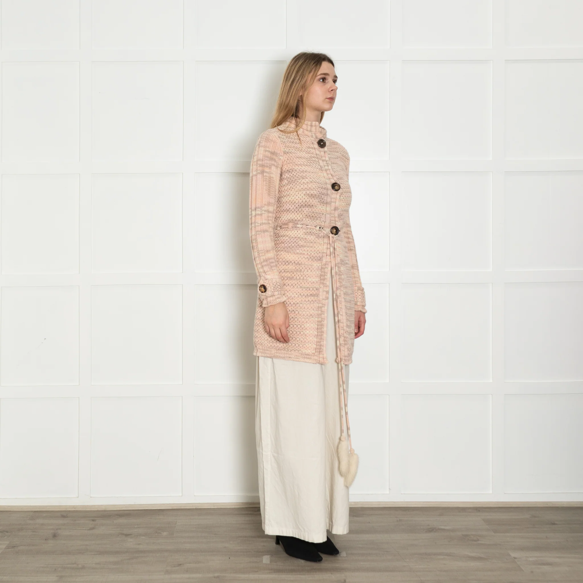 Missoni Pink Waffle Knit with Tied Waist Cardigan with Mink Trim - Image 7
