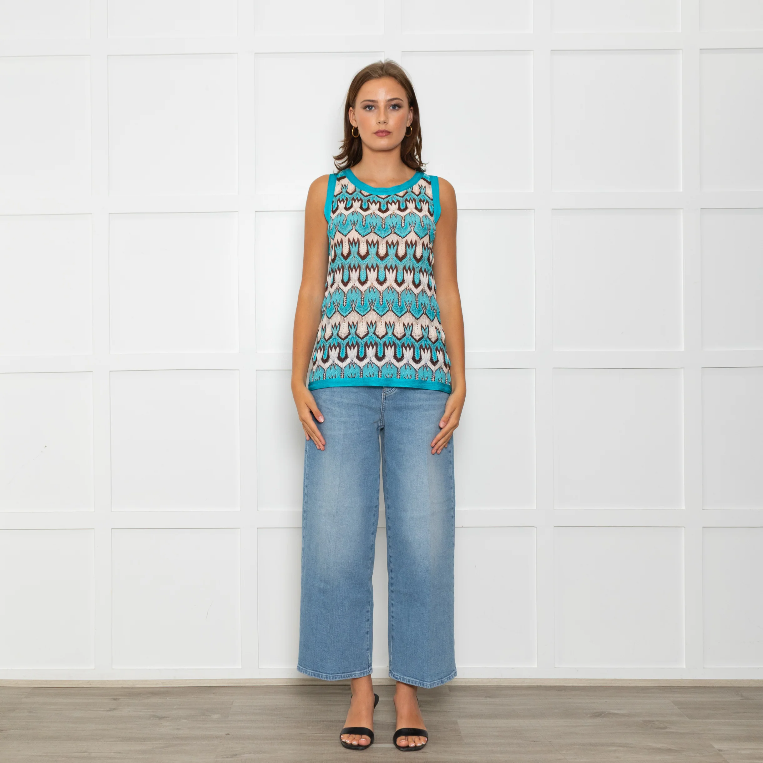Missoni Turquoise Blue Cream Brown Knitted Sleeveless Top