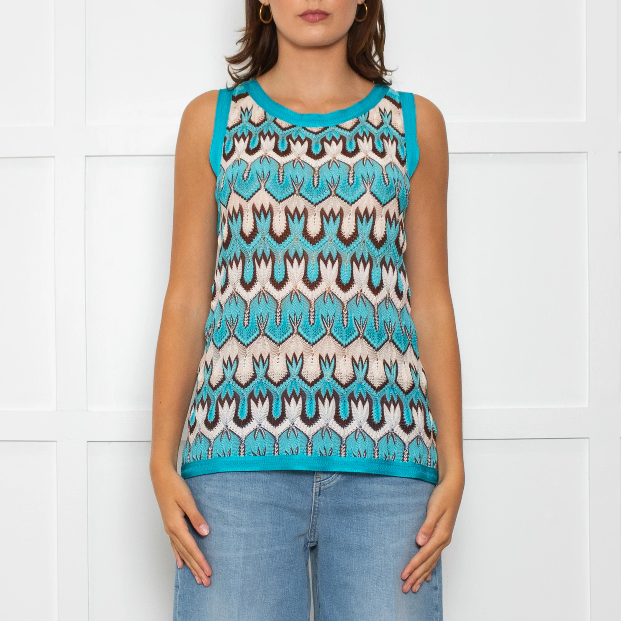 Missoni Turquoise Blue Cream Brown Knitted Sleeveless Top - Image 2