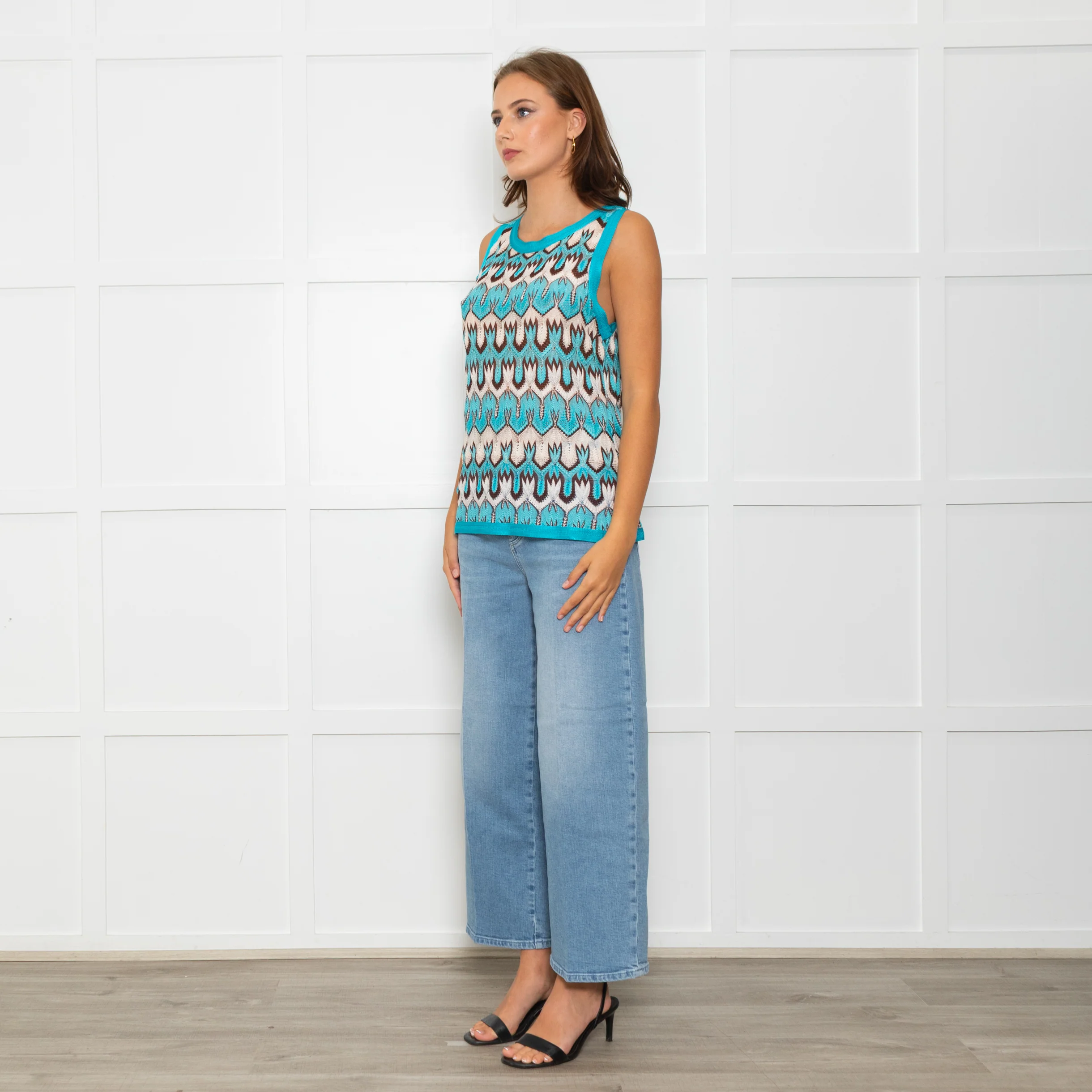 Missoni Turquoise Blue Cream Brown Knitted Sleeveless Top - Image 3