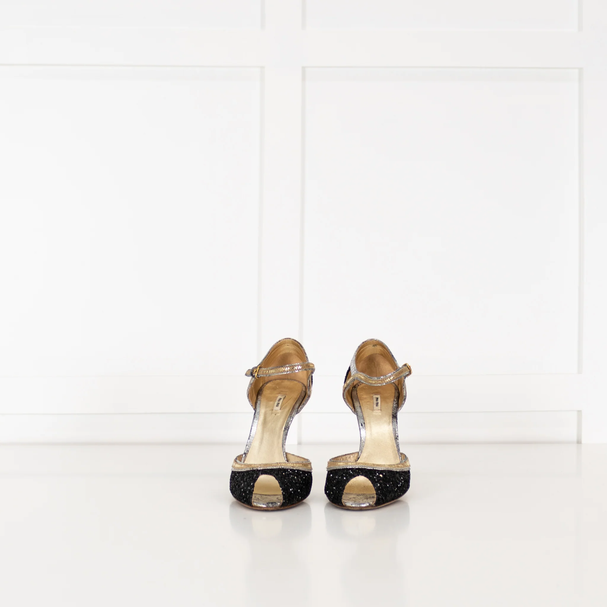 Miu Miu Black Gold Silver Sparkle Peep Toe Heels - Image 3