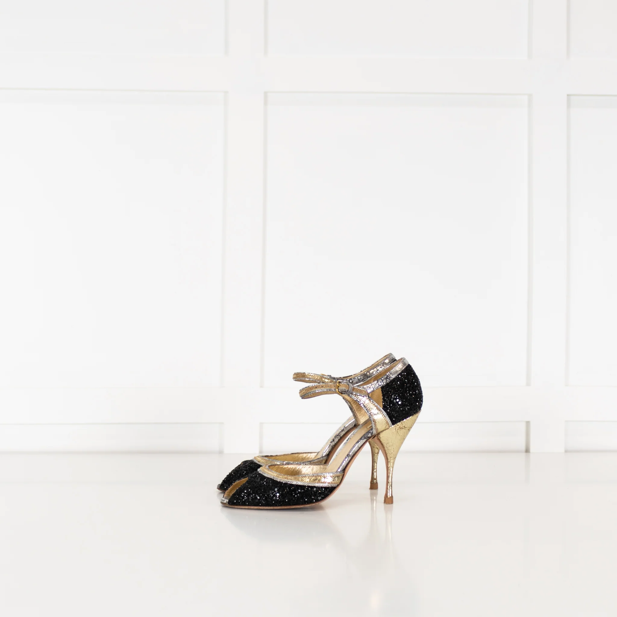 Miu Miu Black Gold Silver Sparkle Peep Toe Heels - Image 4