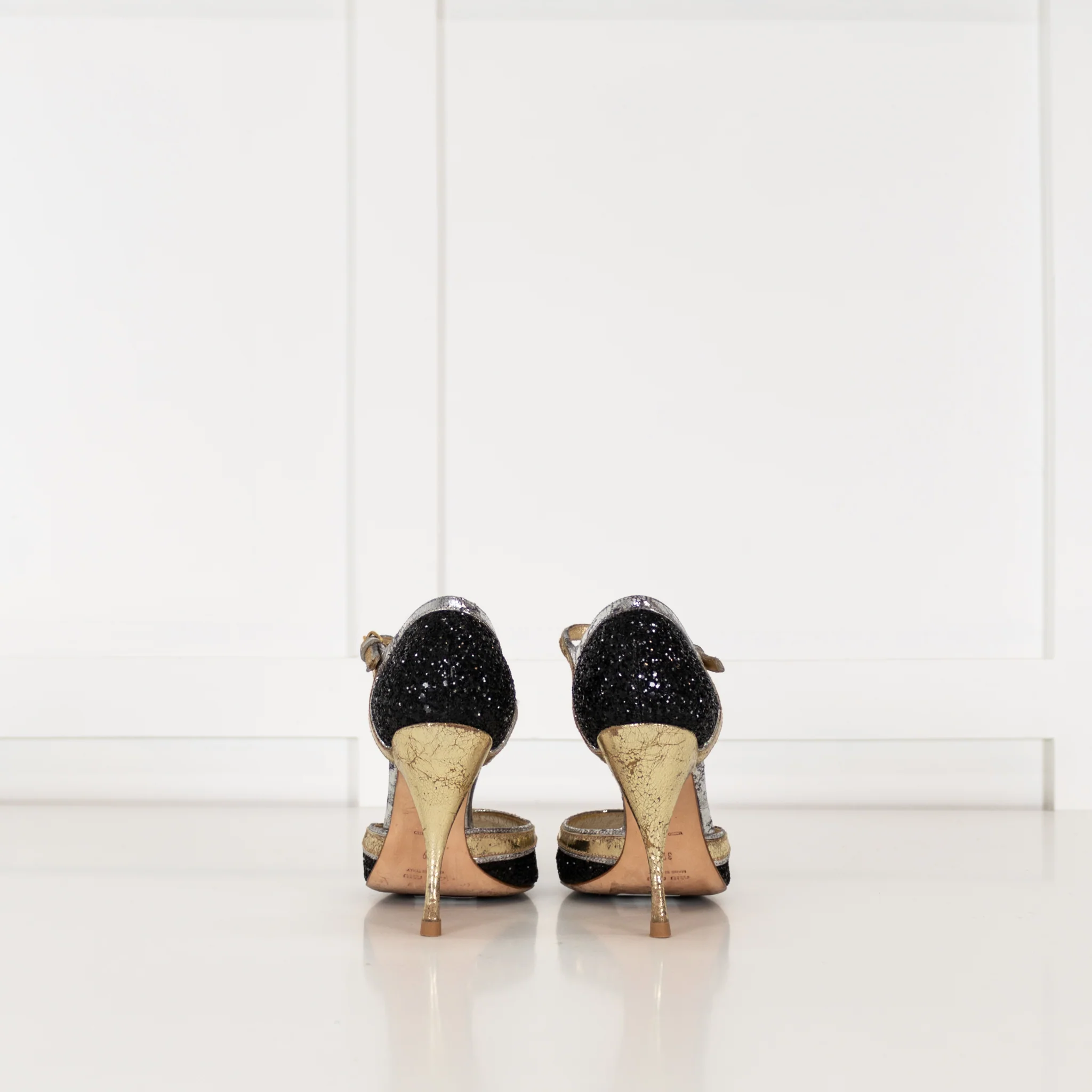 Miu Miu Black Gold Silver Sparkle Peep Toe Heels - Image 5