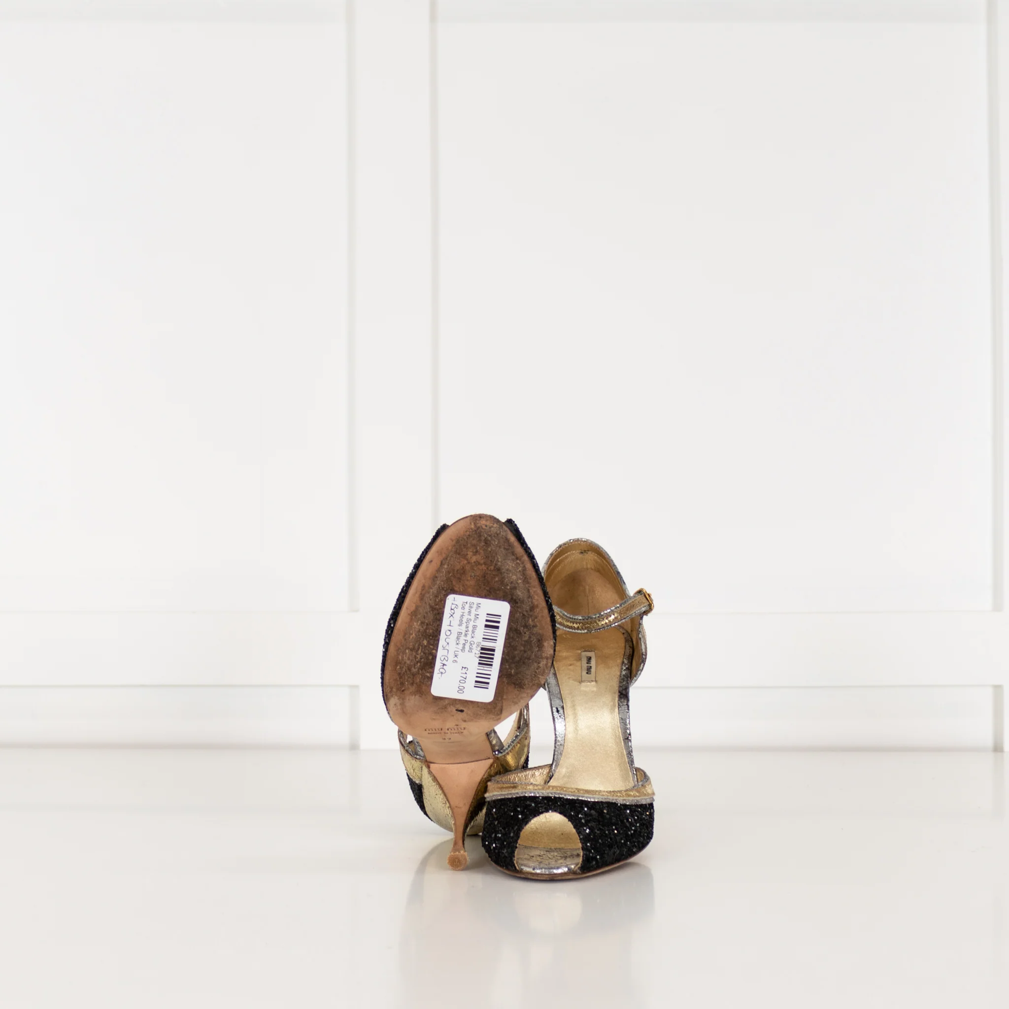 Miu Miu Black Gold Silver Sparkle Peep Toe Heels - Image 6