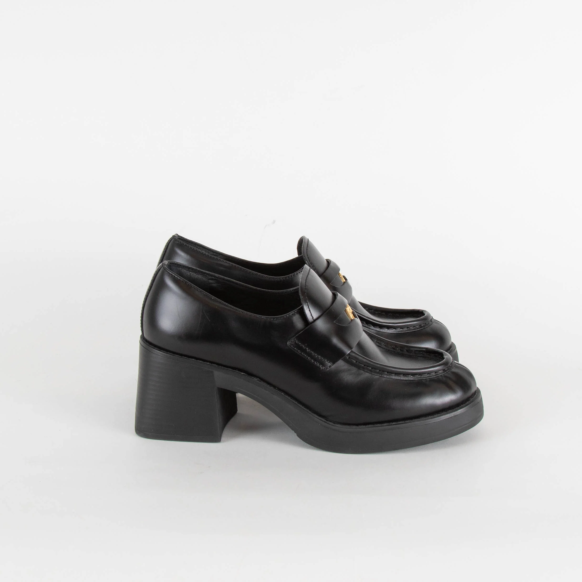 Miu Miu Black Leather Gold Penny Heel Loafers - Image 5