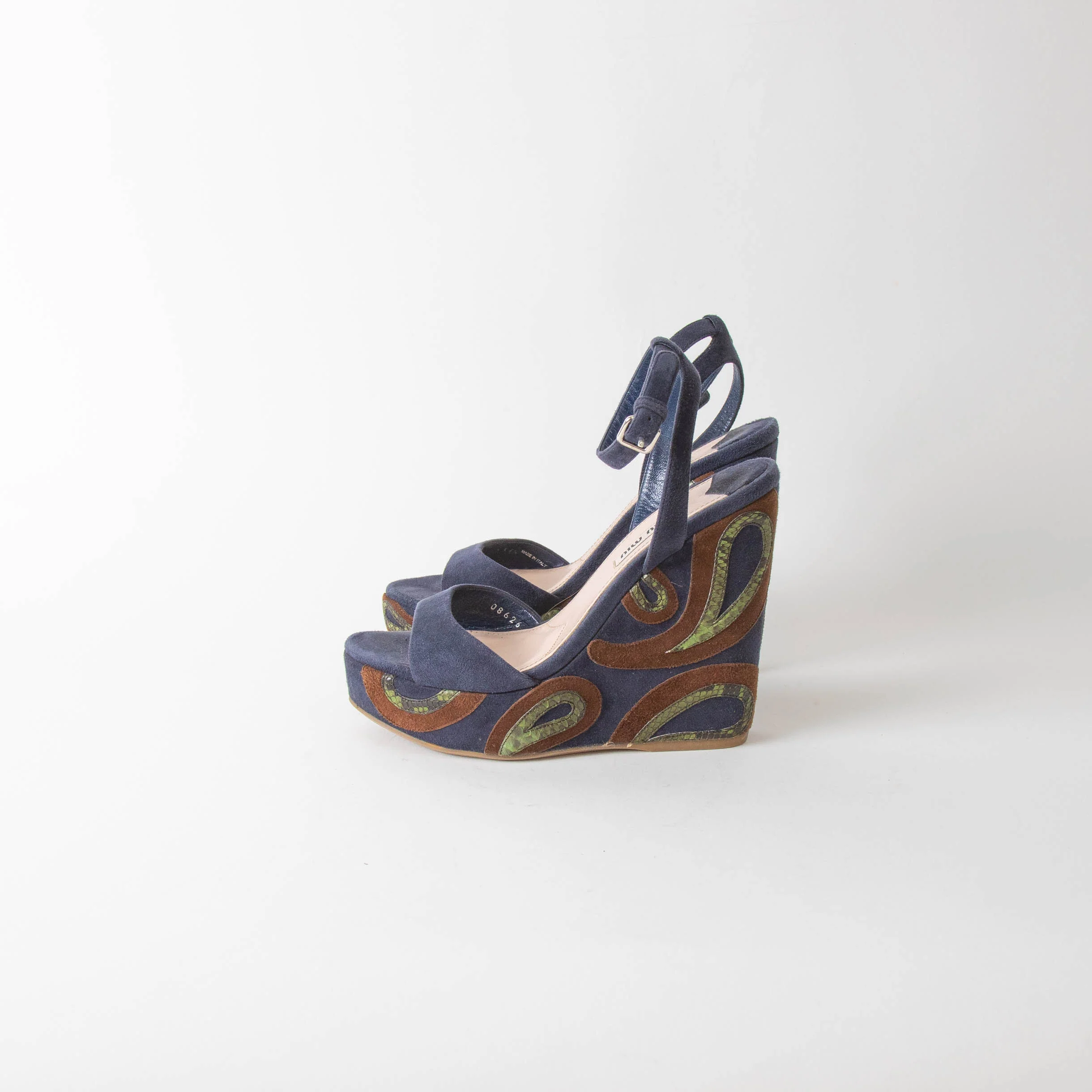 Miu Miu Blue Wedge Sandal With Green Paisley On Heel - Image 3