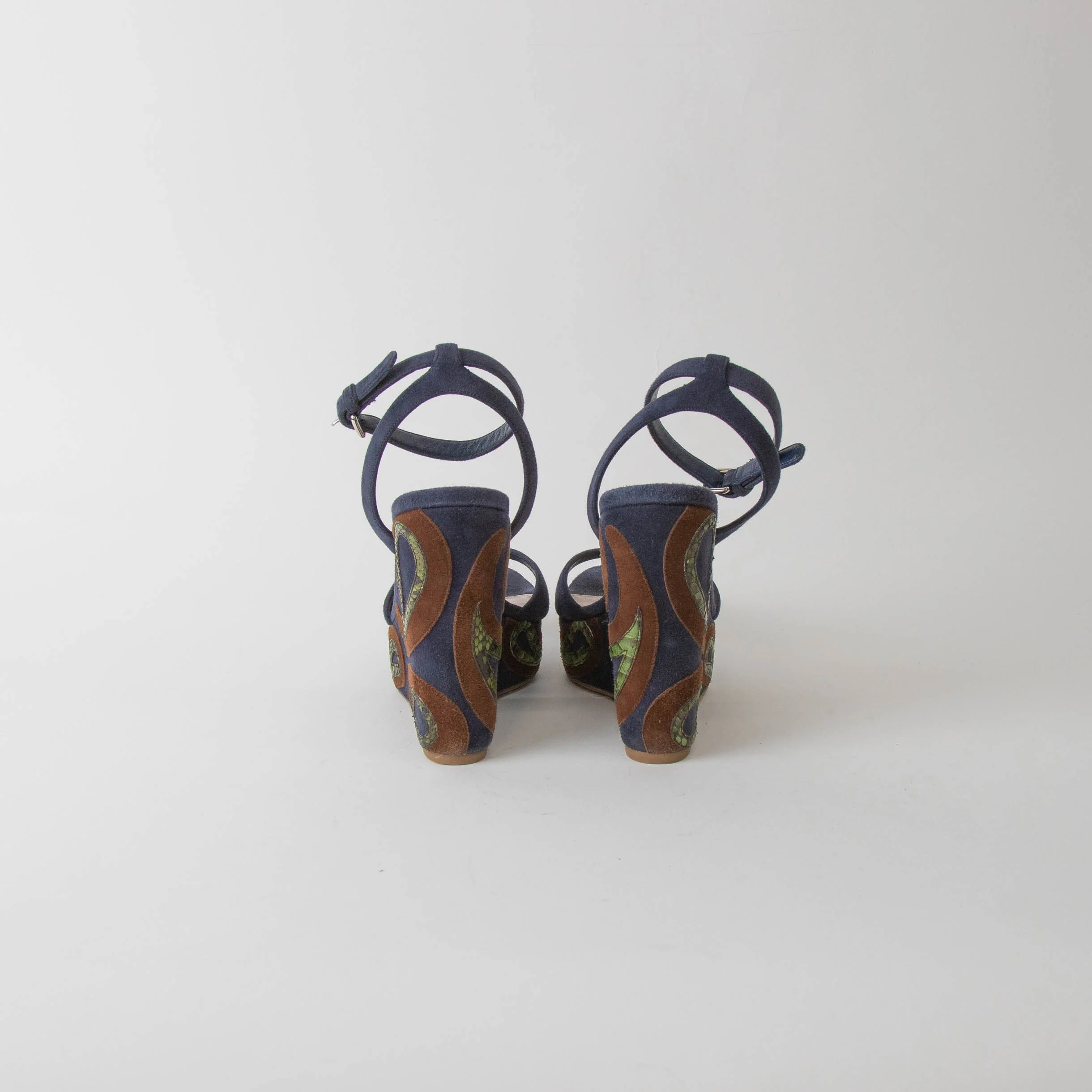 Miu Miu Blue Wedge Sandal With Green Paisley On Heel - Image 4