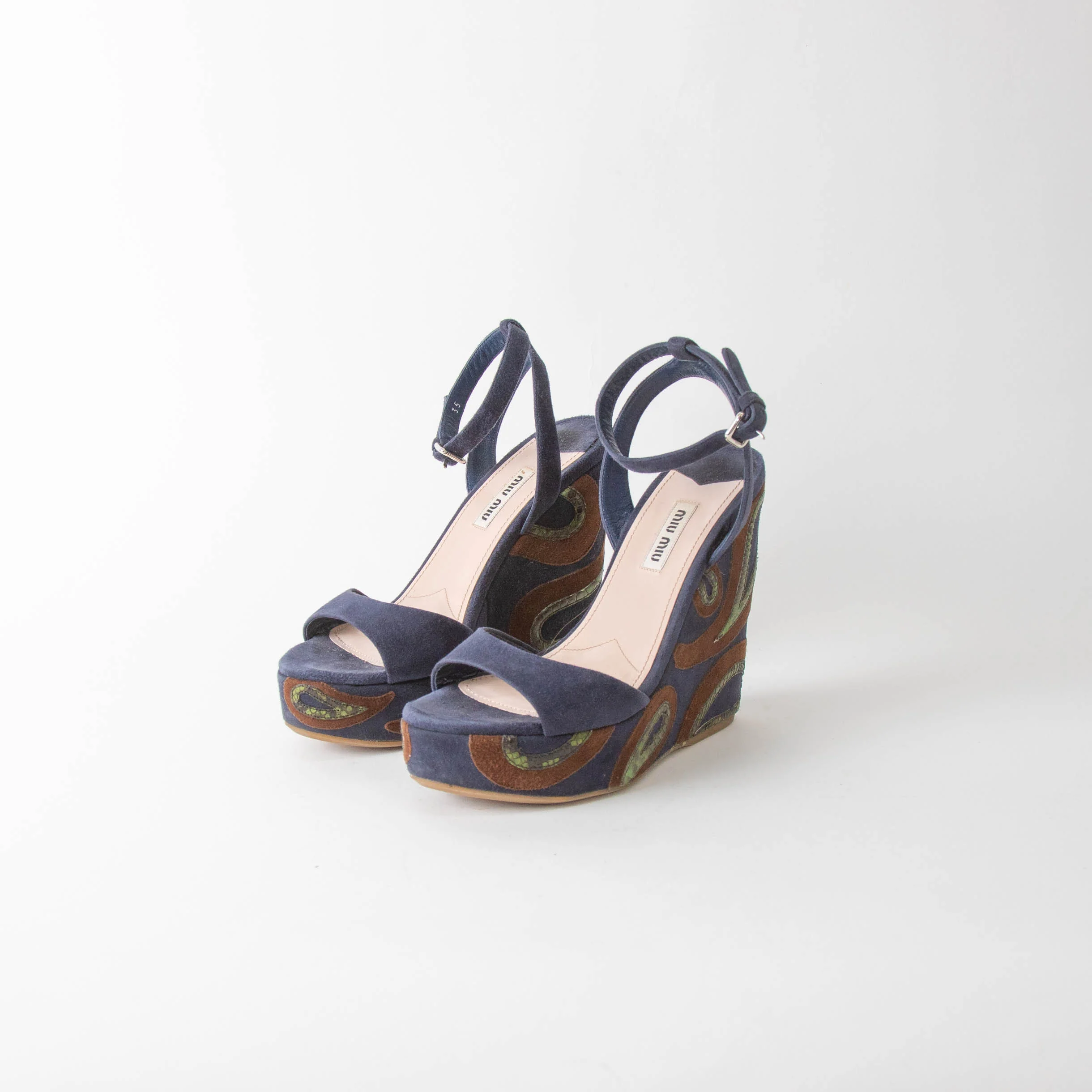 Miu Miu Blue Wedge Sandal With Green Paisley On Heel - Image 5