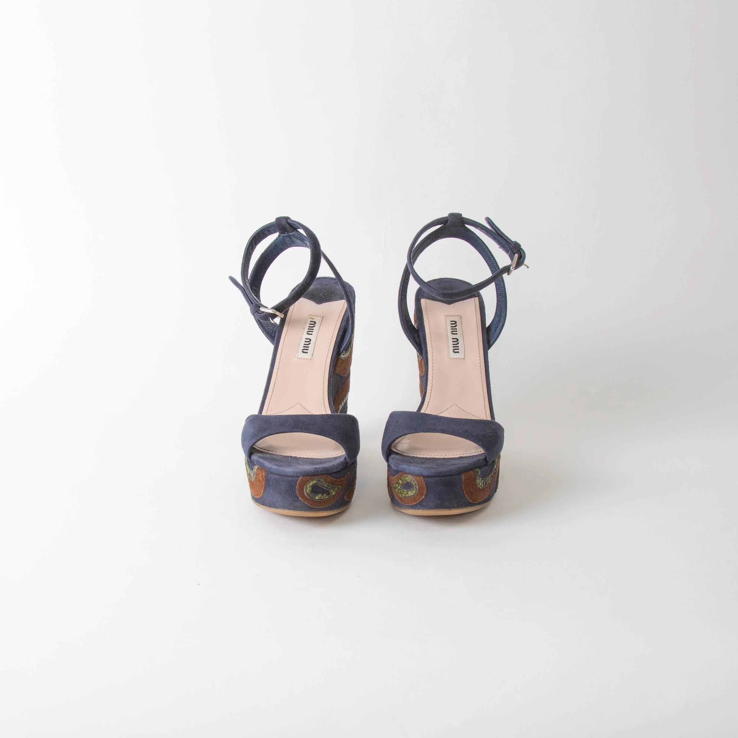 Miu Miu Blue Wedge Sandal With Green Paisley On Heel - Image 6