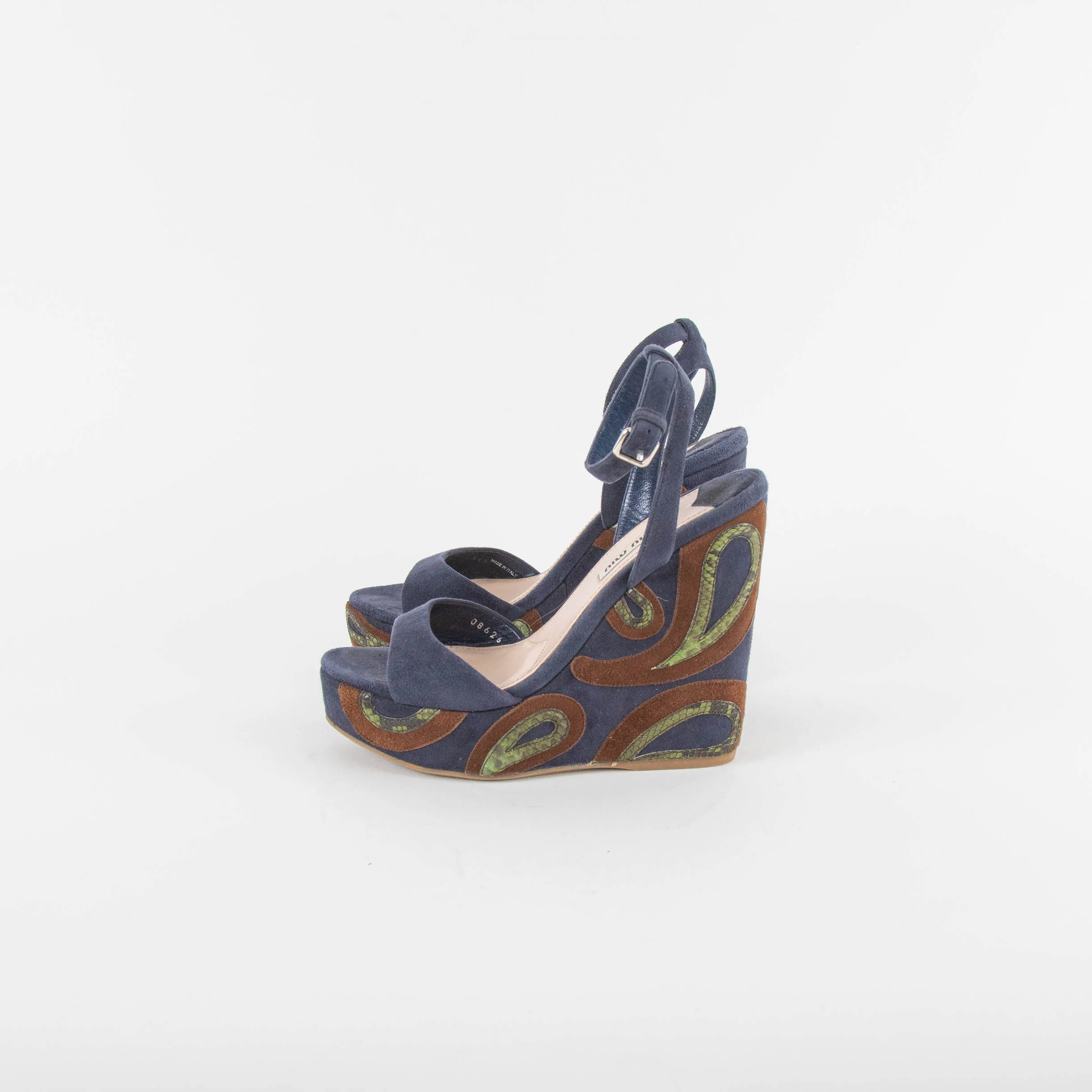 Miu Miu Blue Wedge Sandal With Green Paisley On Heel - Image 7