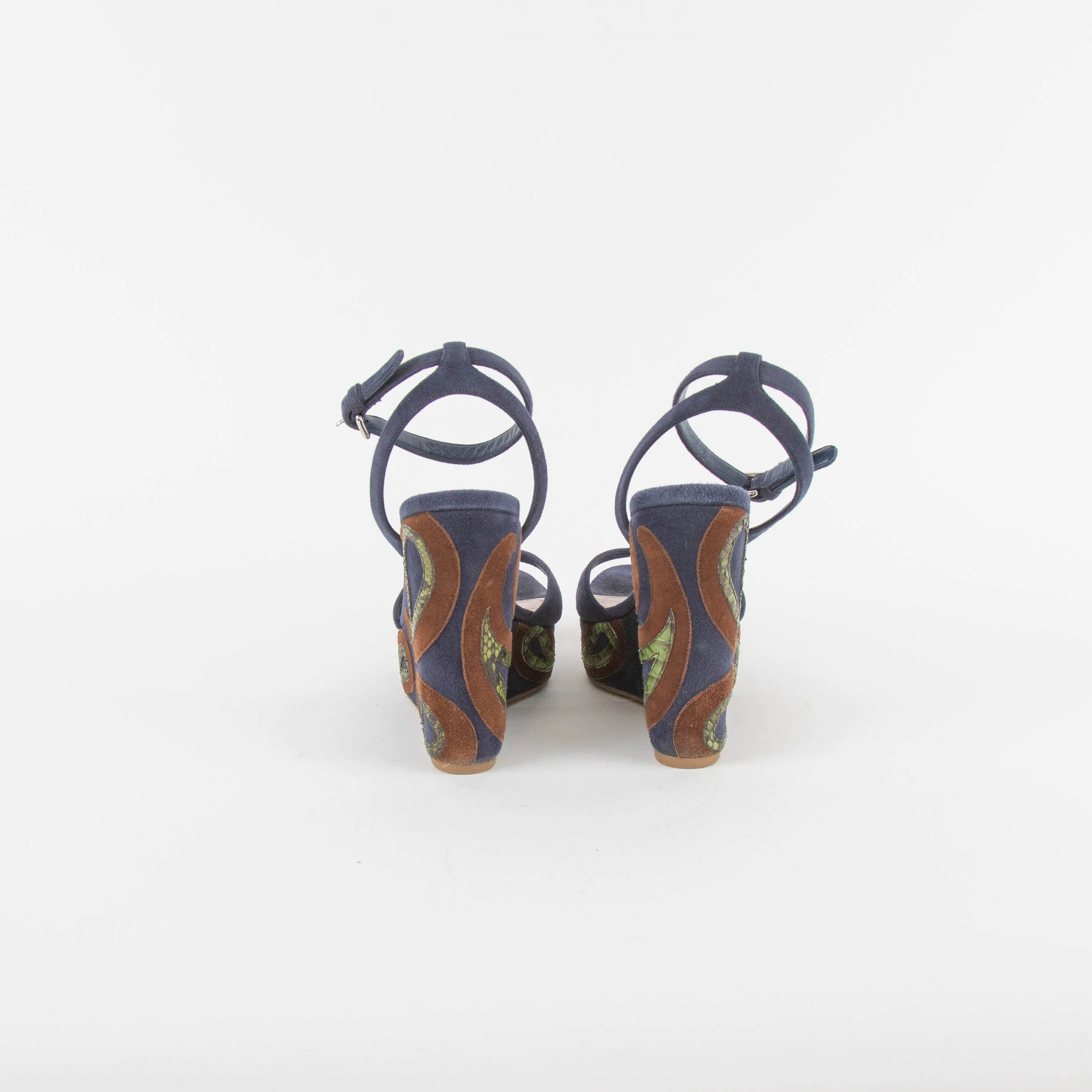 Miu Miu Blue Wedge Sandal With Green Paisley On Heel - Image 8