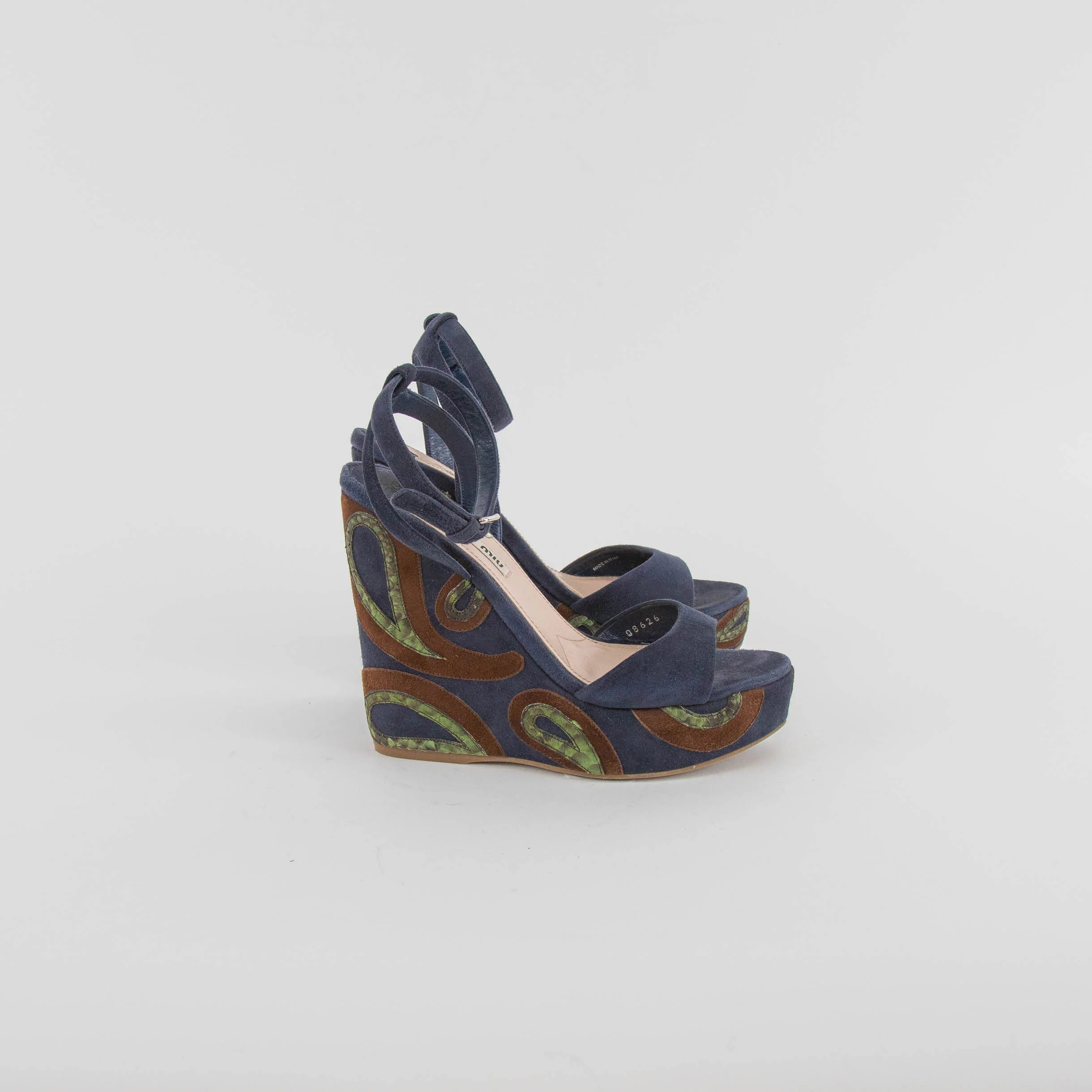 Miu Miu Blue Wedge Sandal With Green Paisley On Heel - Image 9