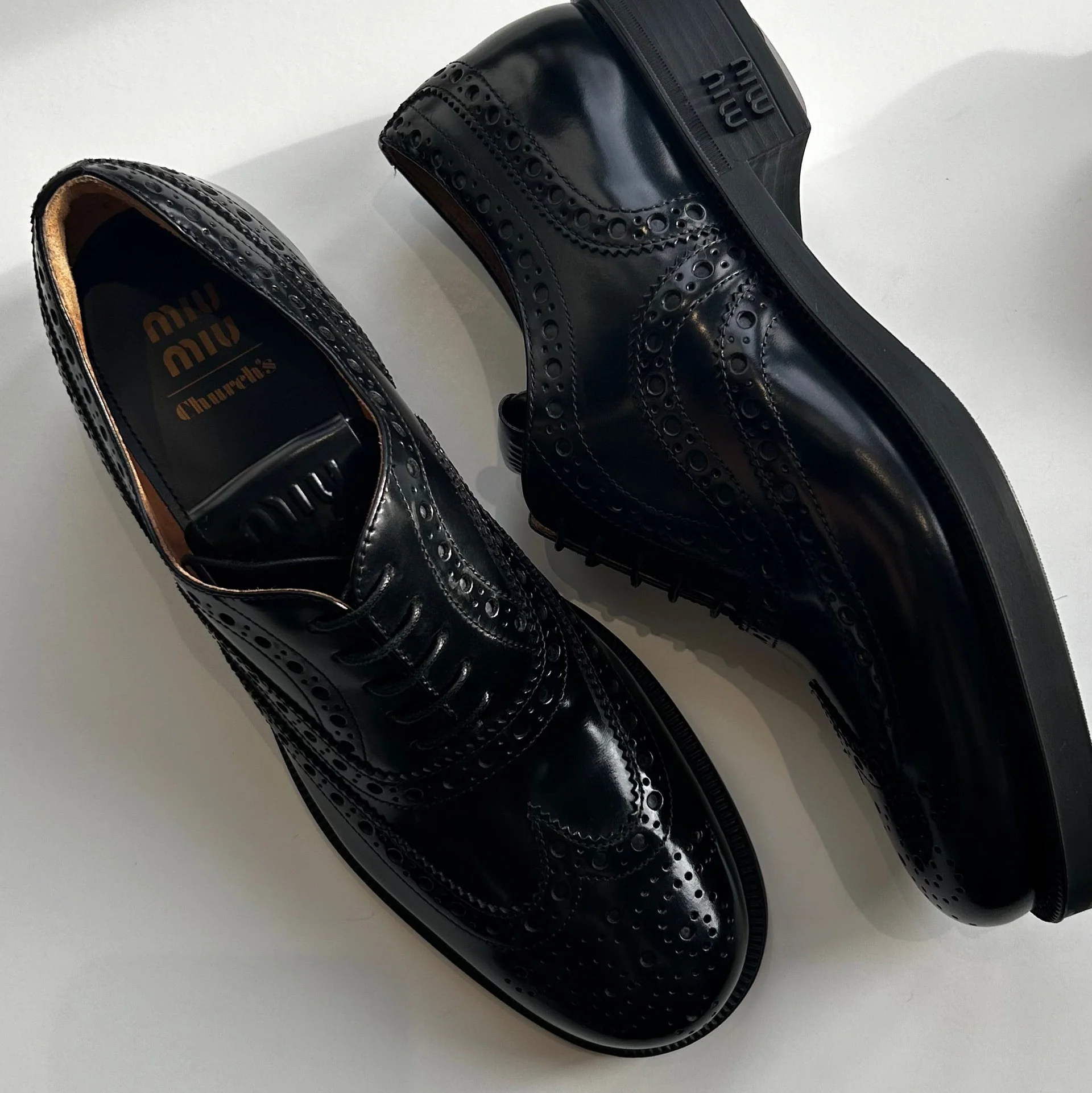 Miu Miu X Church's Black Leather Lace Up Brogue Shoes - Image 3