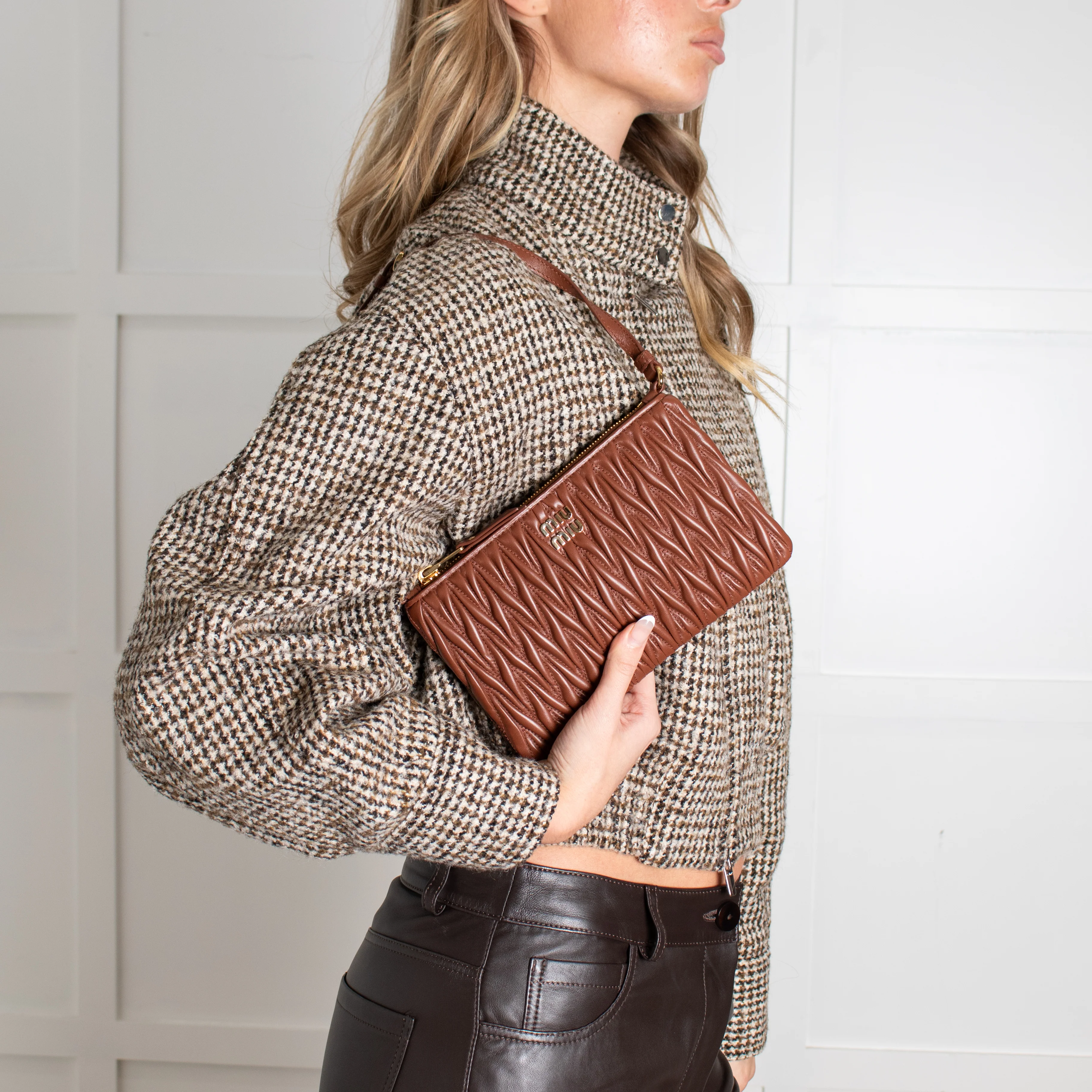 Miu Miu Tan Matelasse Nappa Leather Pouch Bag - Image 2
