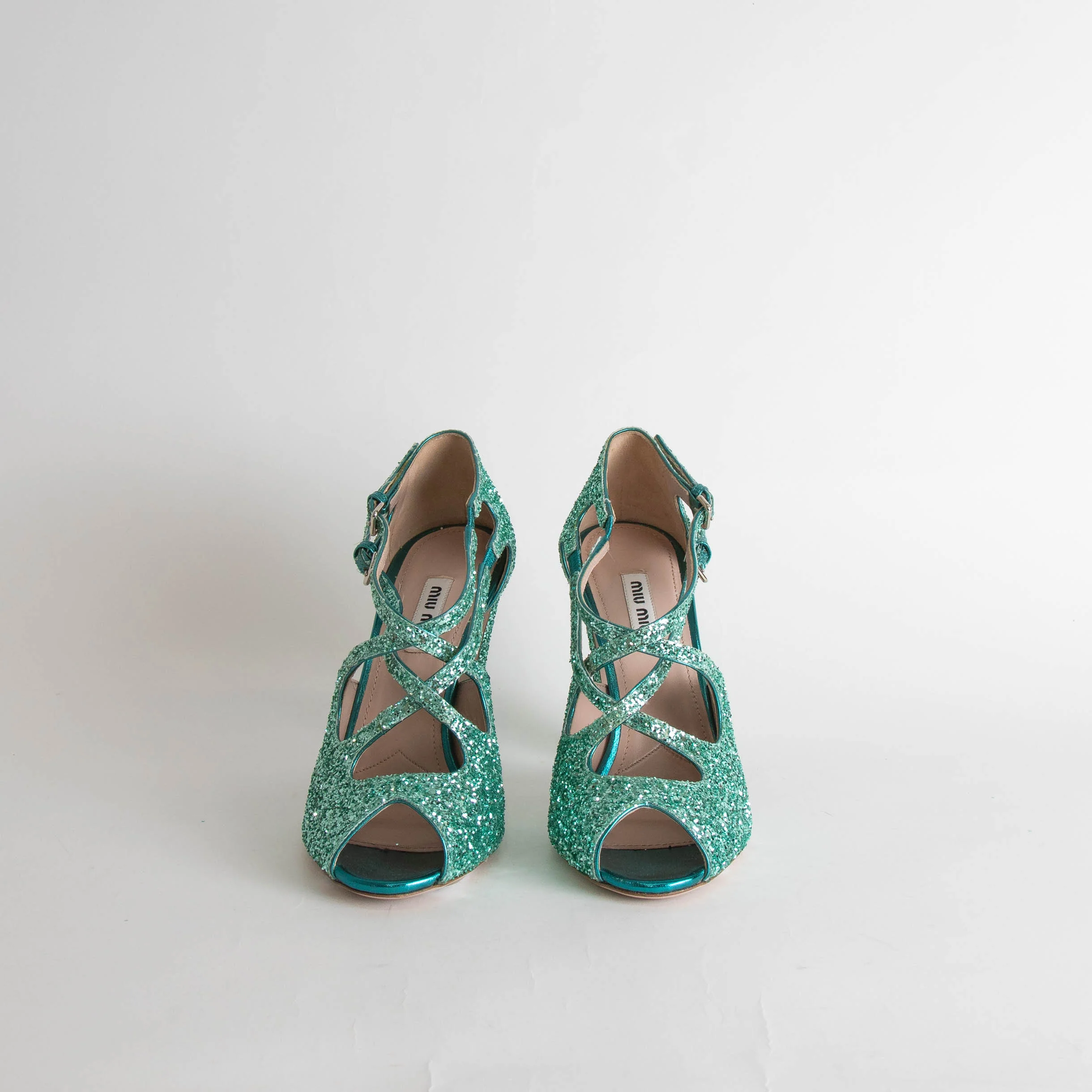 Miu Miu Turquoise Glittery Open Toe Heels - Image 3