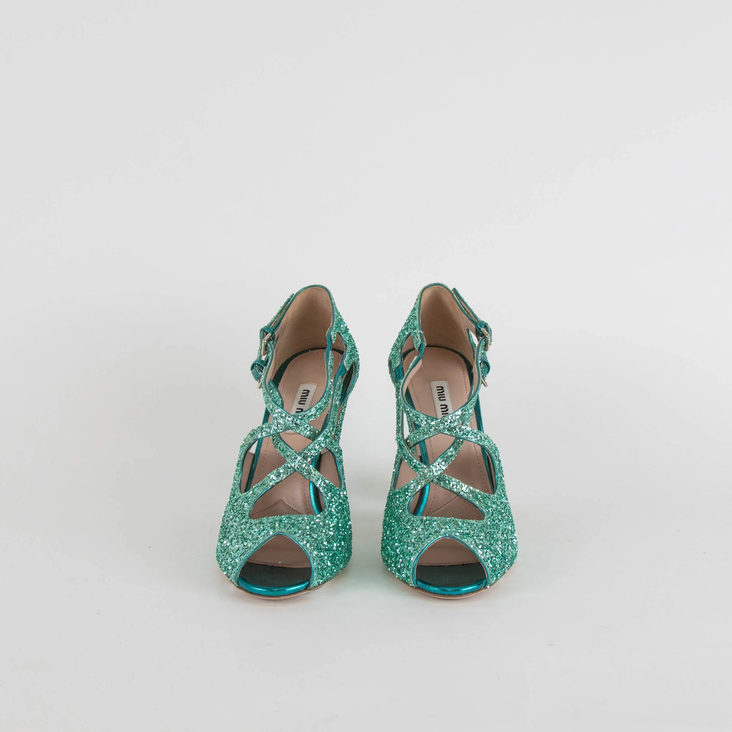 Miu Miu Turquoise Glittery Open Toe Heels - Image 4