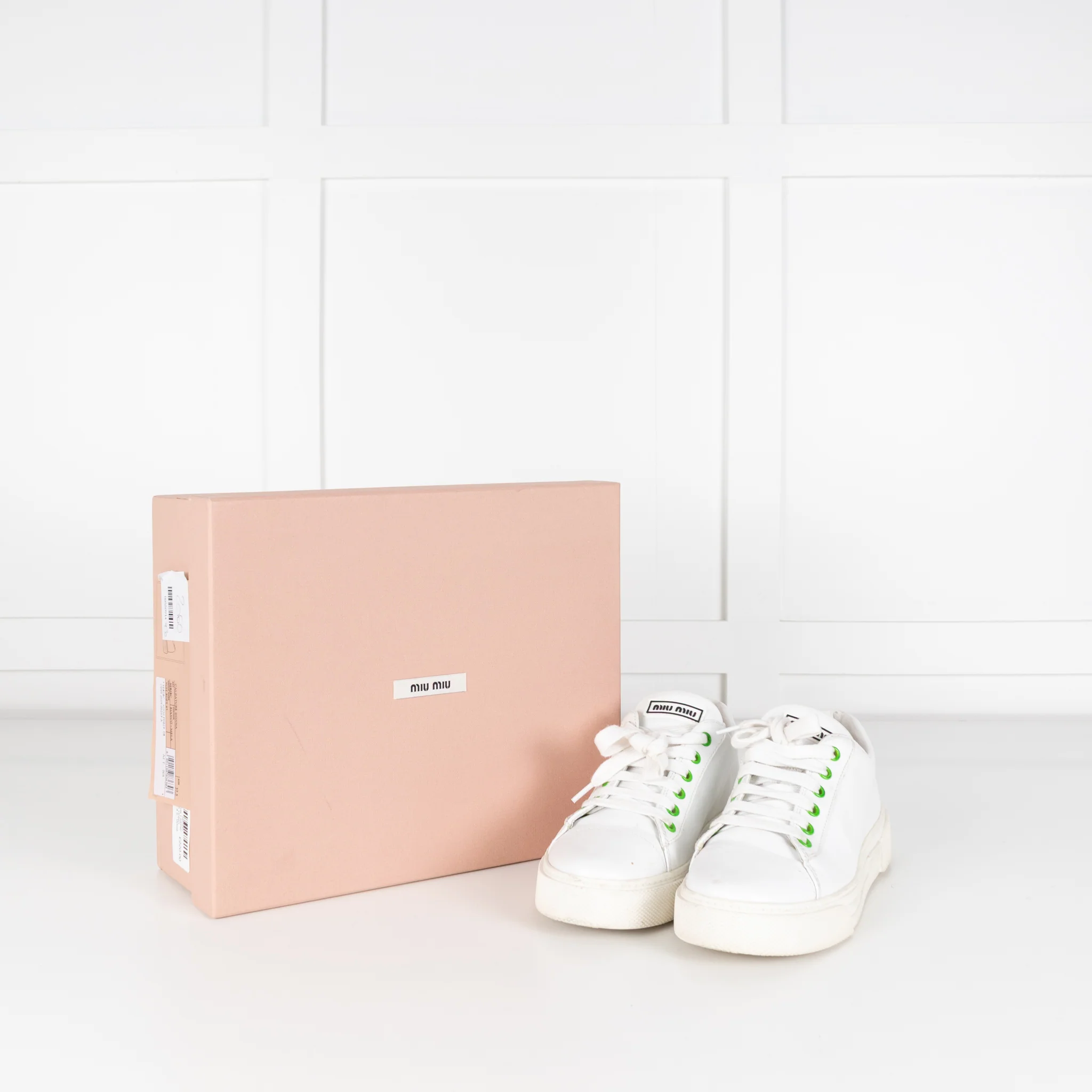 Miu Miu White Leather Trainers with Green Eyelets - Image 2