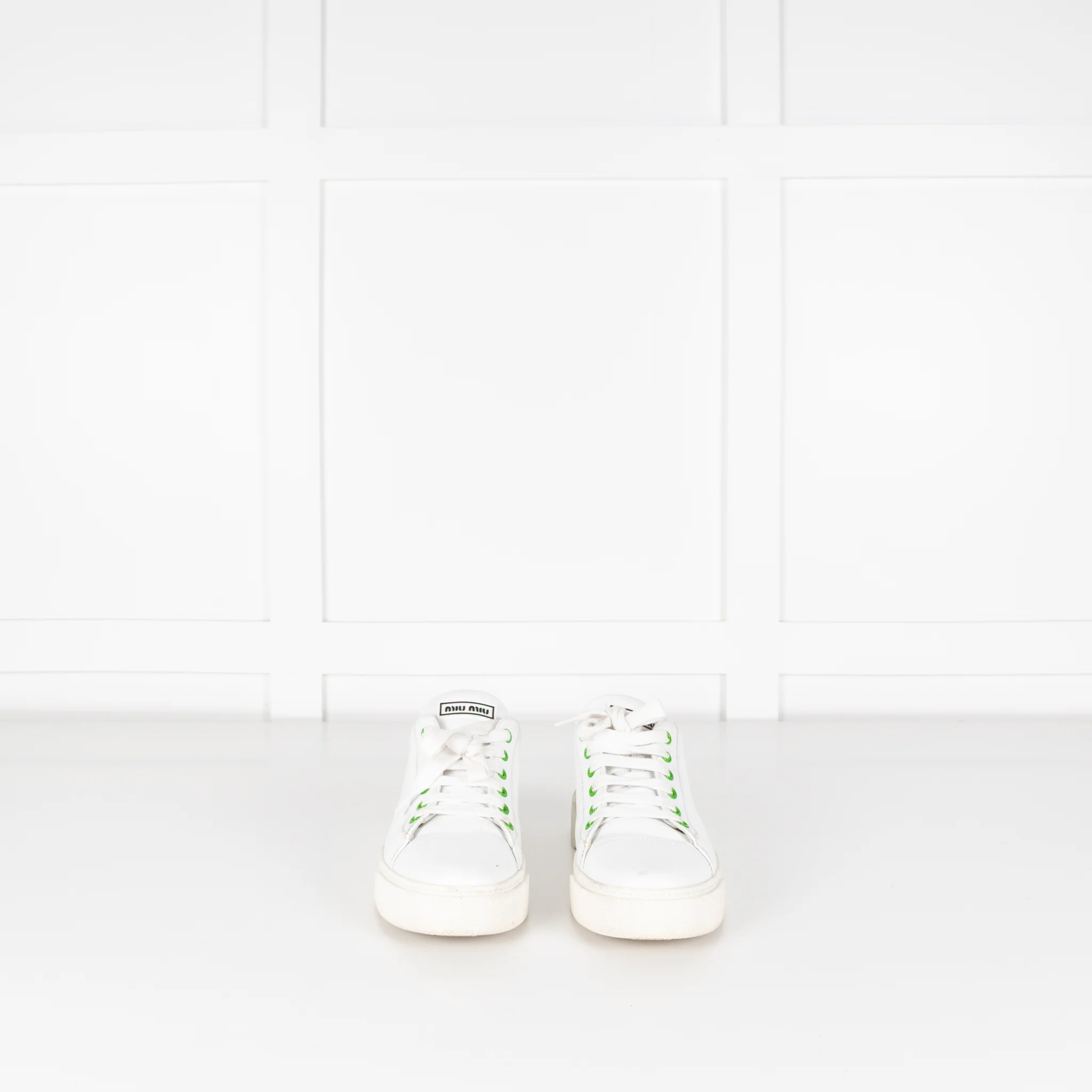 Miu Miu White Leather Trainers with Green Eyelets - Image 3