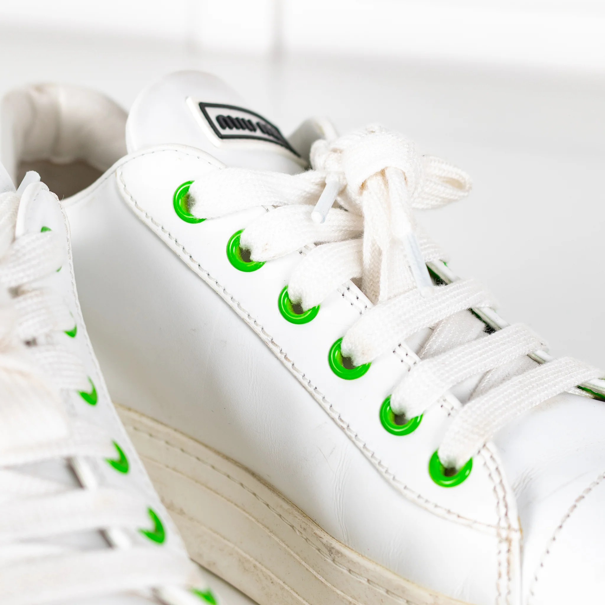 Miu Miu White Leather Trainers with Green Eyelets - Image 9
