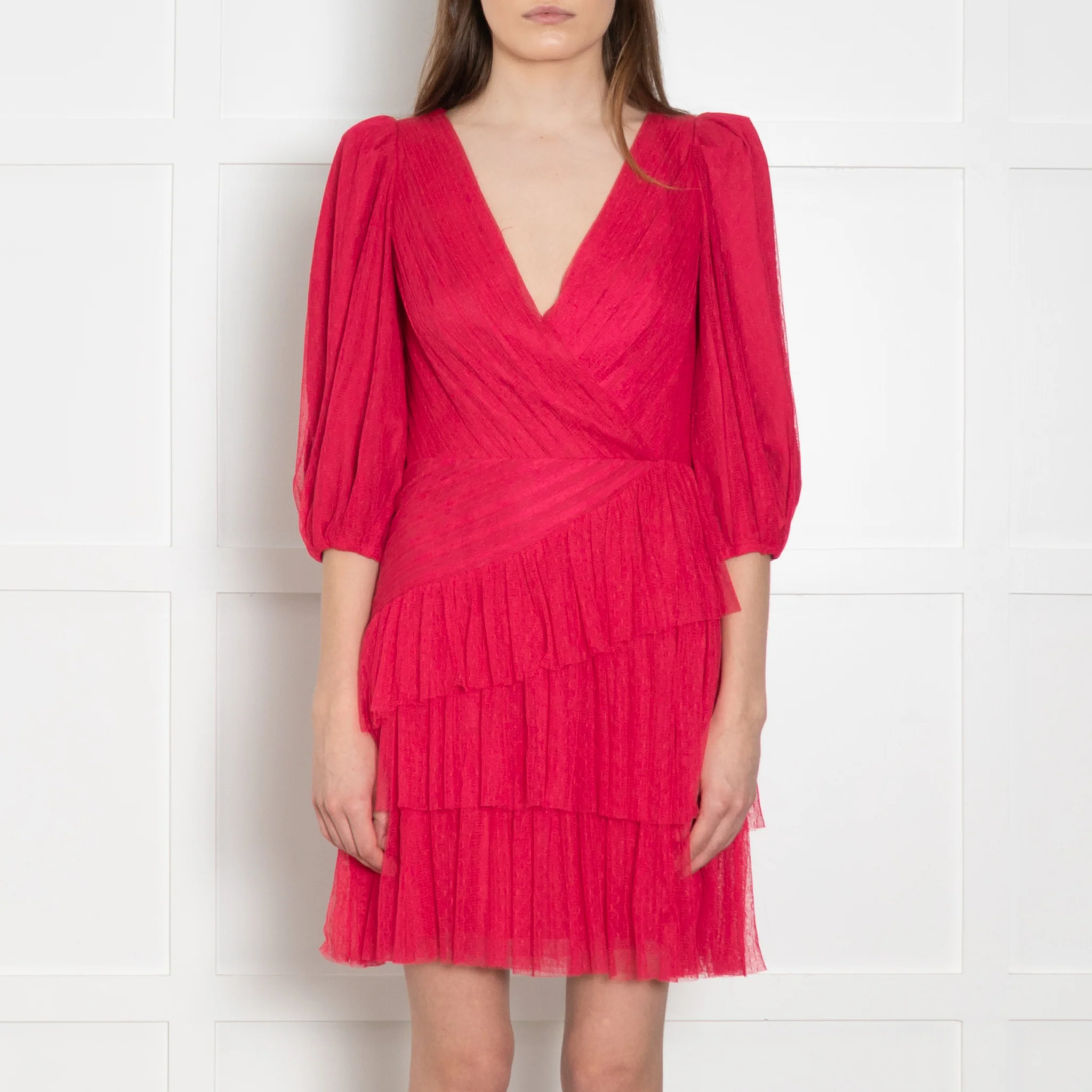 ML Monique Lhuillier Pink Net Ruffled Puff Sleeve Mini Dress - Image 2