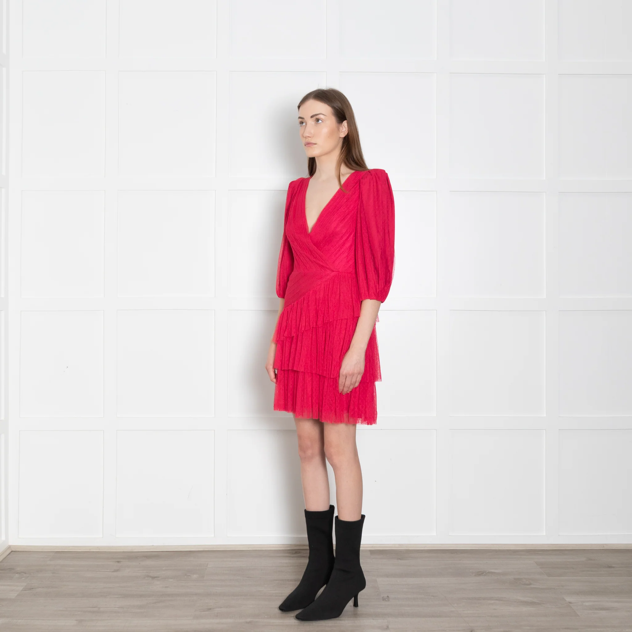 ML Monique Lhuillier Pink Net Ruffled Puff Sleeve Mini Dress - Image 3