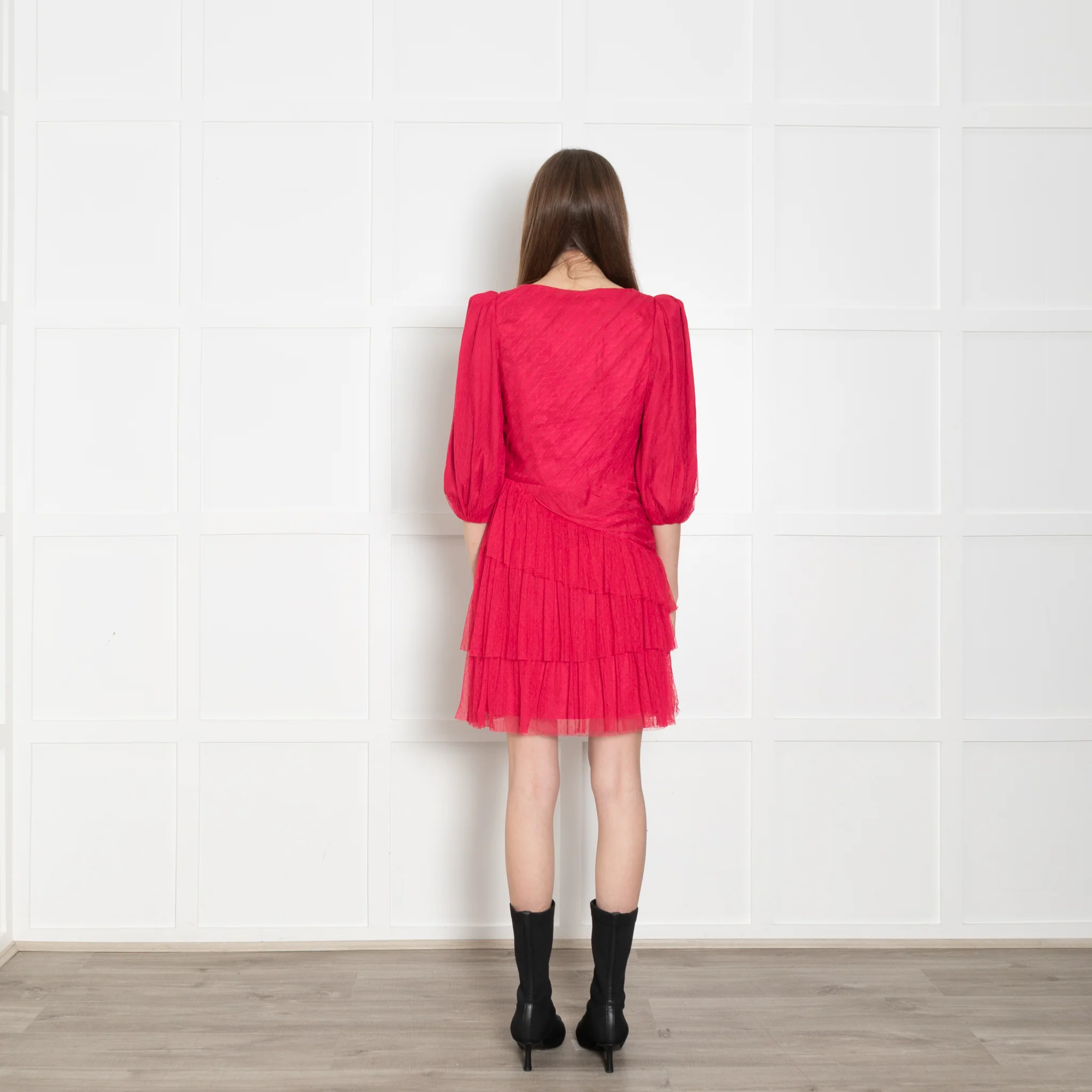 ML Monique Lhuillier Pink Net Ruffled Puff Sleeve Mini Dress - Image 5
