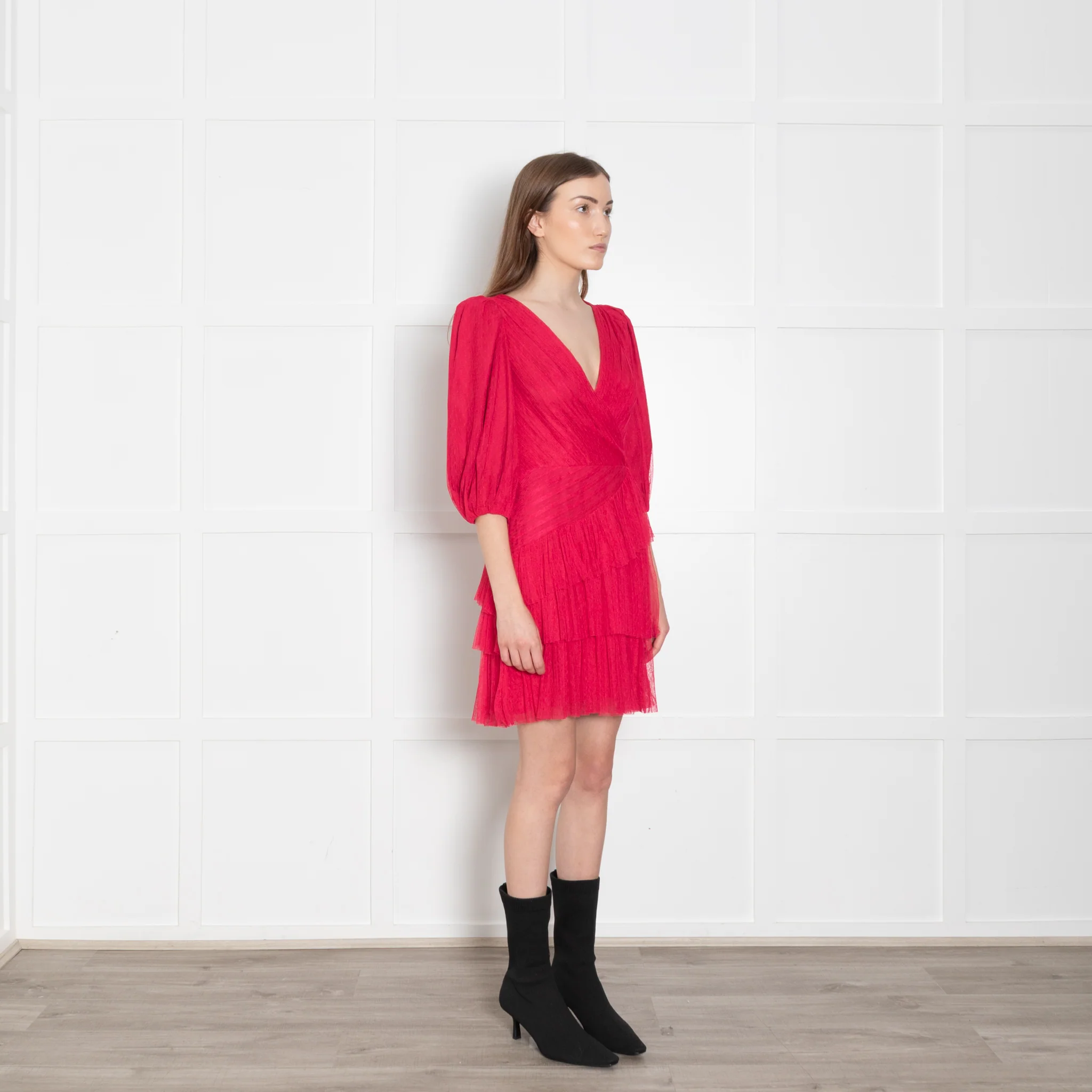 ML Monique Lhuillier Pink Net Ruffled Puff Sleeve Mini Dress - Image 7