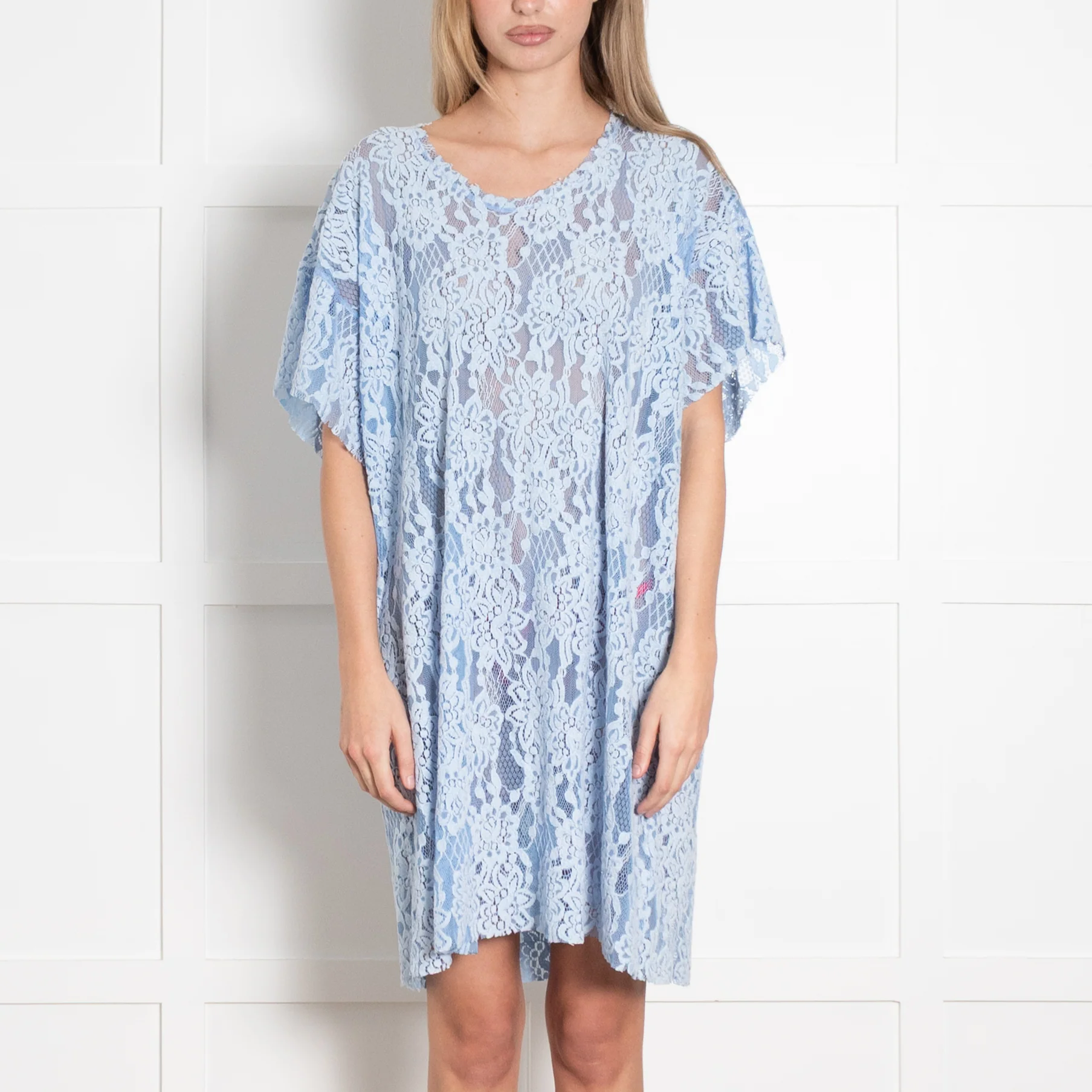 MM6 Maison Margiela Blue Chenille Lace Short Sleeve Dress - Image 2
