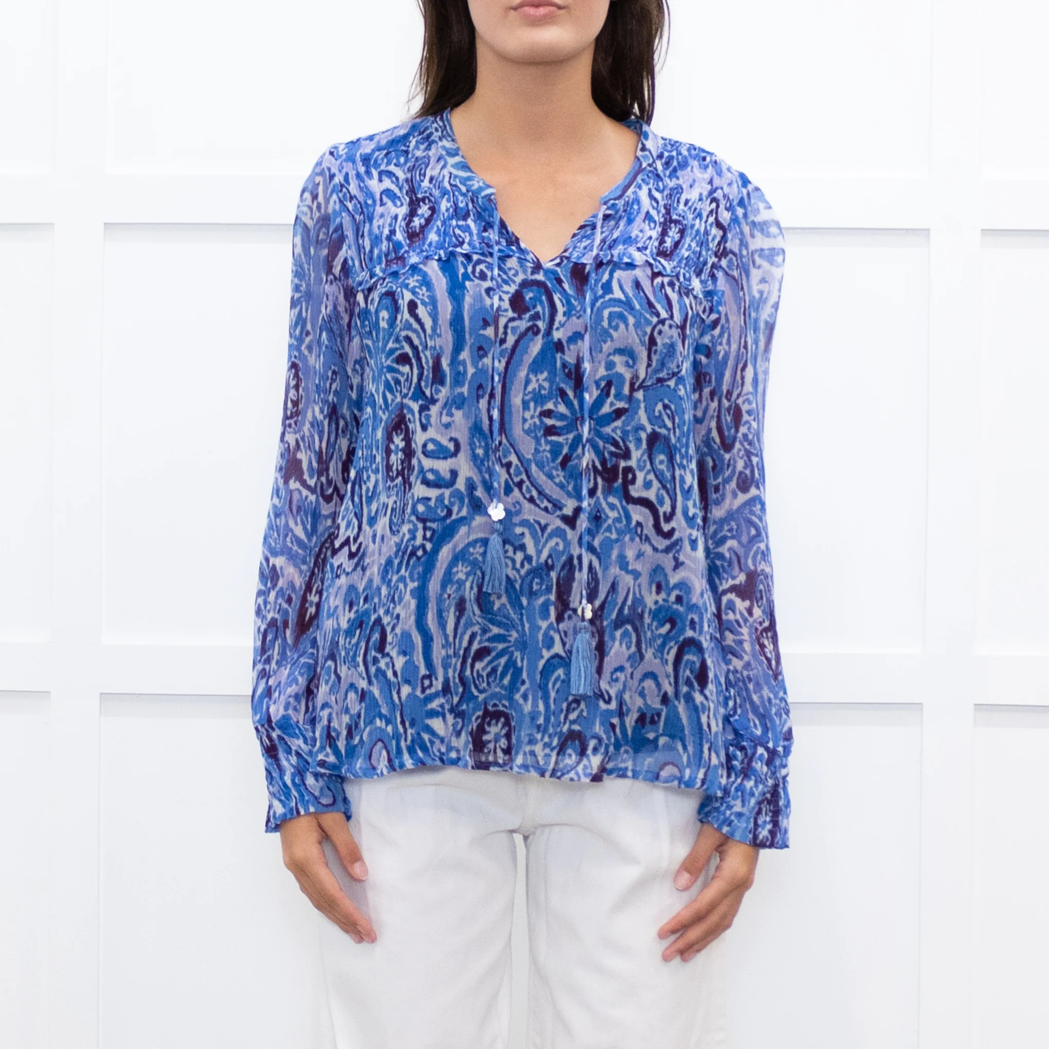 Moliin Blue Patterned Blouse with Smocked Cuffs - Image 2