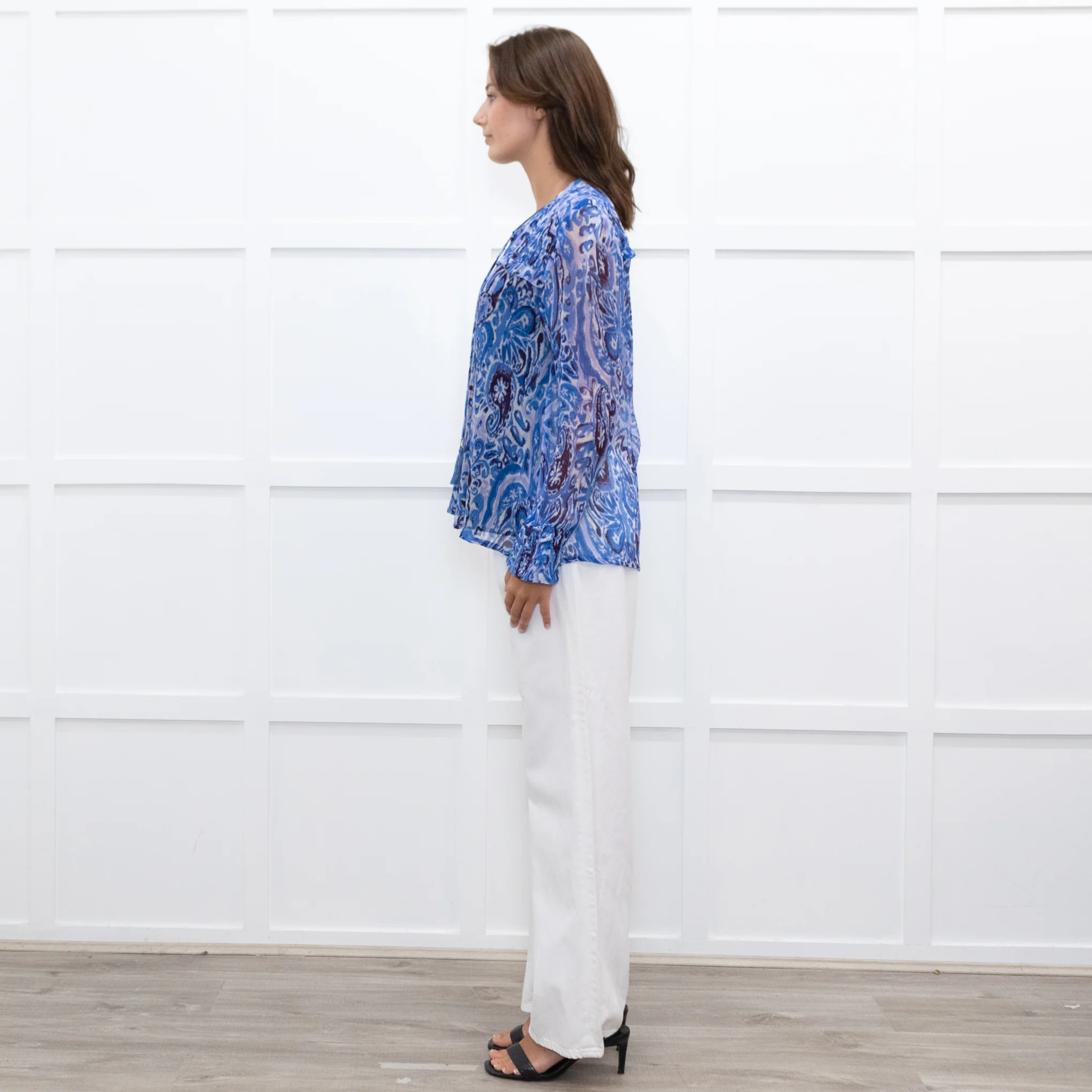 Moliin Blue Patterned Blouse with Smocked Cuffs - Image 4
