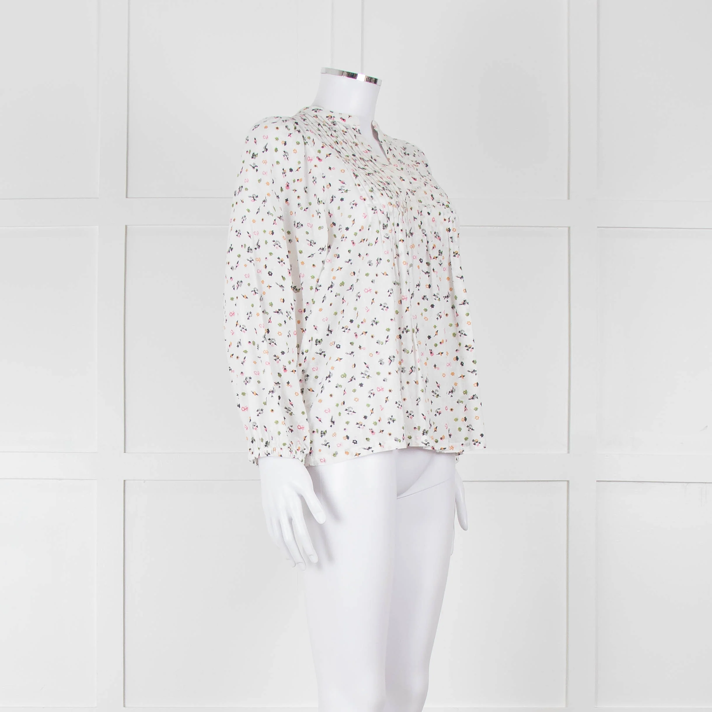 Molin White With Multicolour Floral Pattern & Pleated Front L/S Top - Image 2