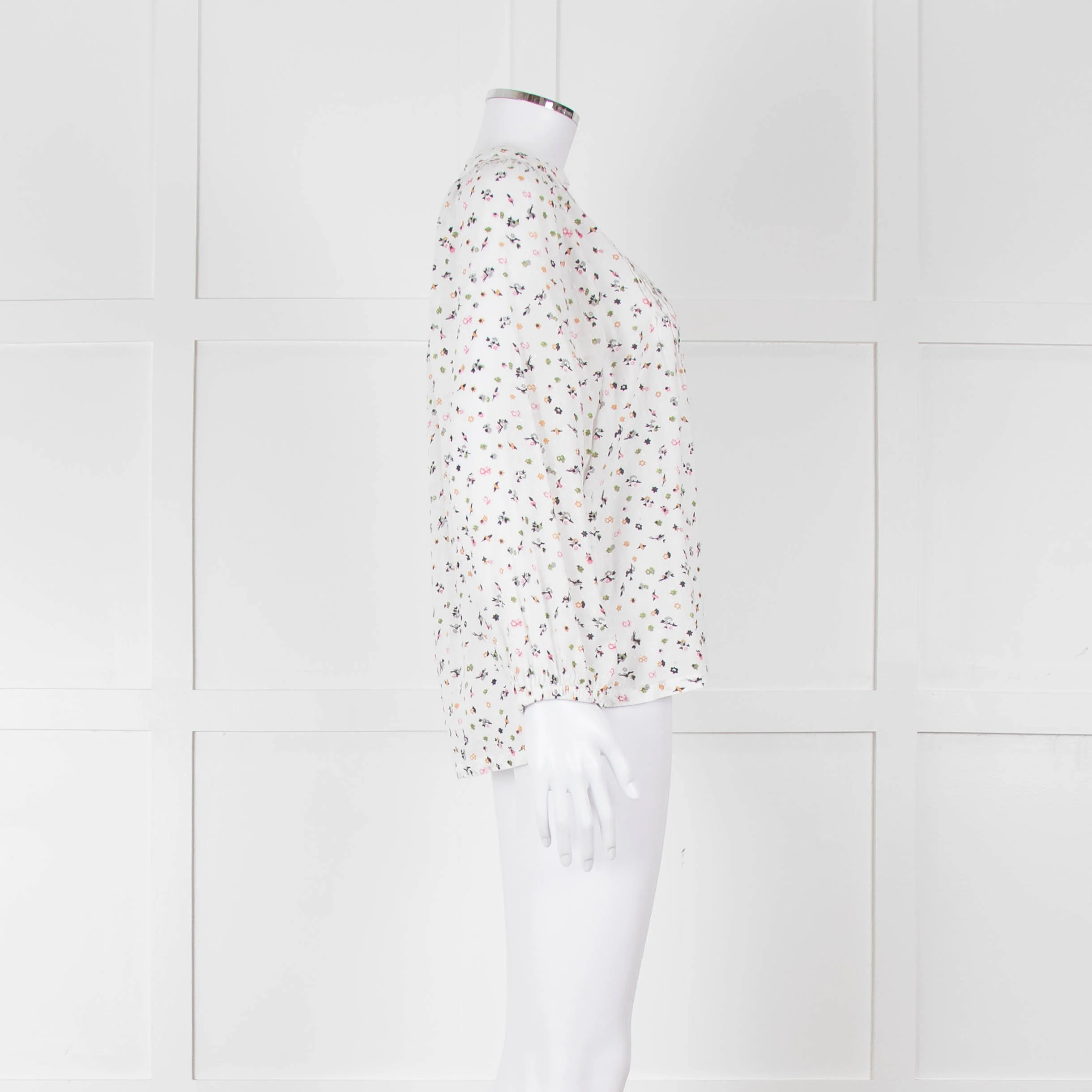 Molin White With Multicolour Floral Pattern & Pleated Front L/S Top - Image 3