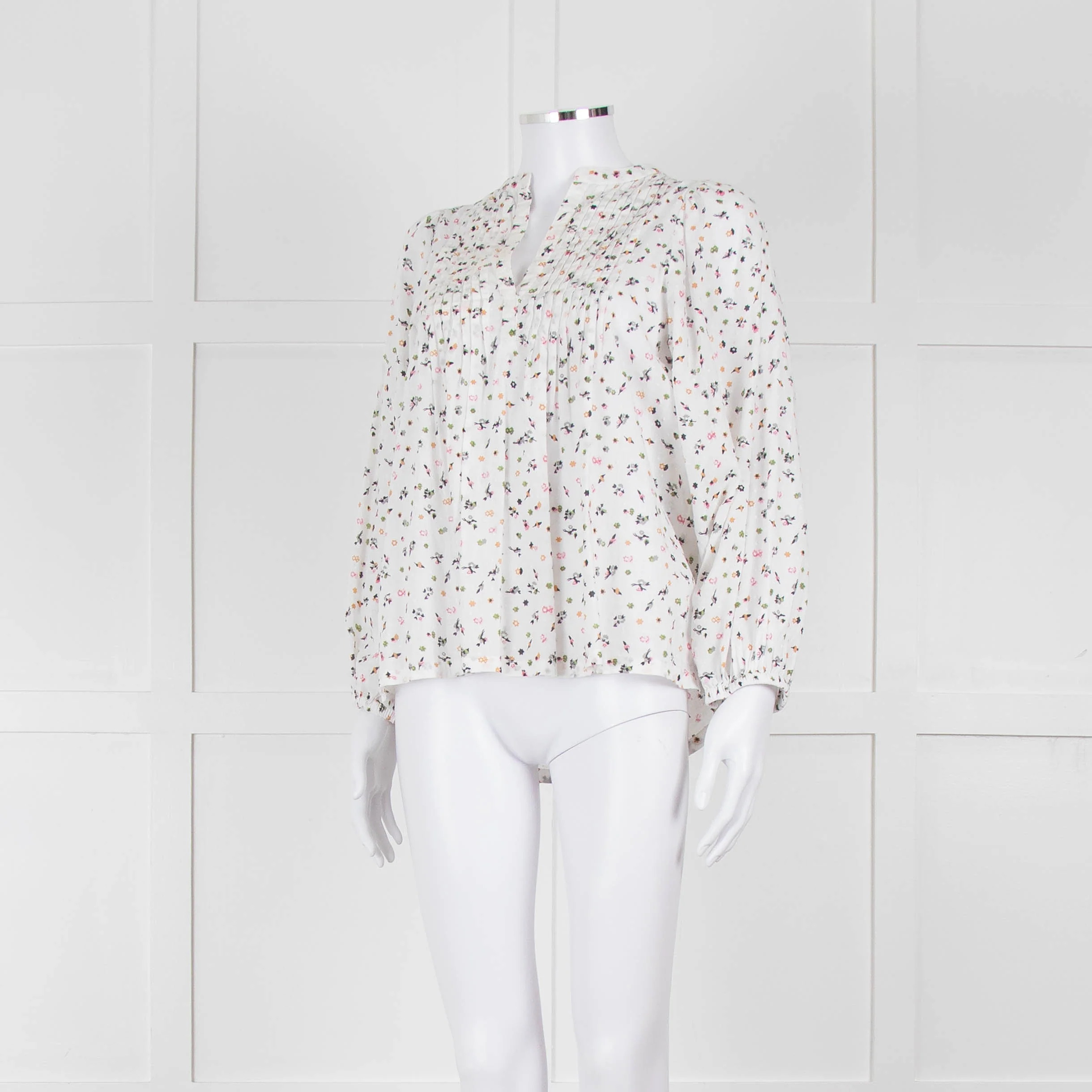 Molin White With Multicolour Floral Pattern & Pleated Front L/S Top - Image 8