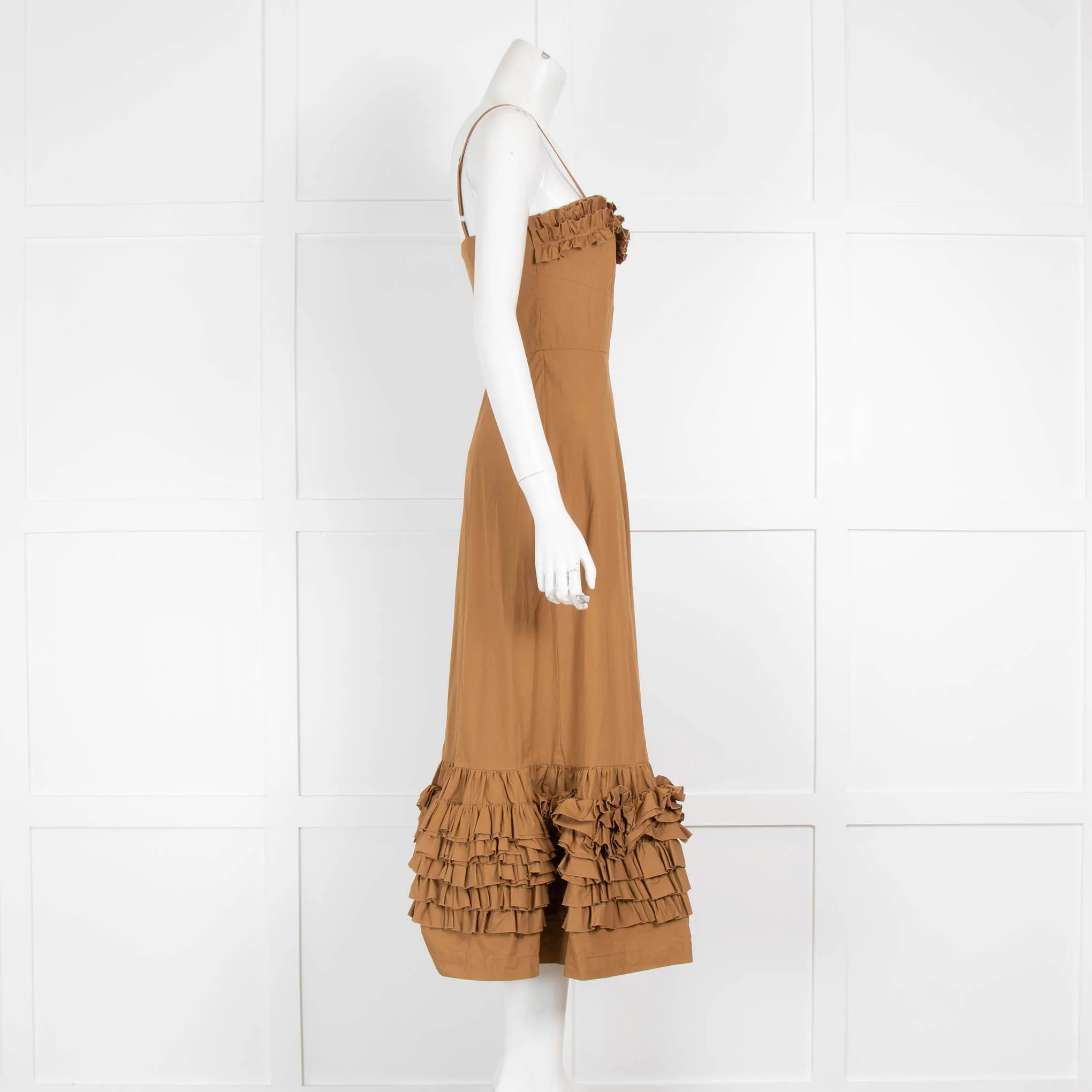 Molly Goddard Brown Cotton Frill Trim Sleeveless Midi Dress - Image 2