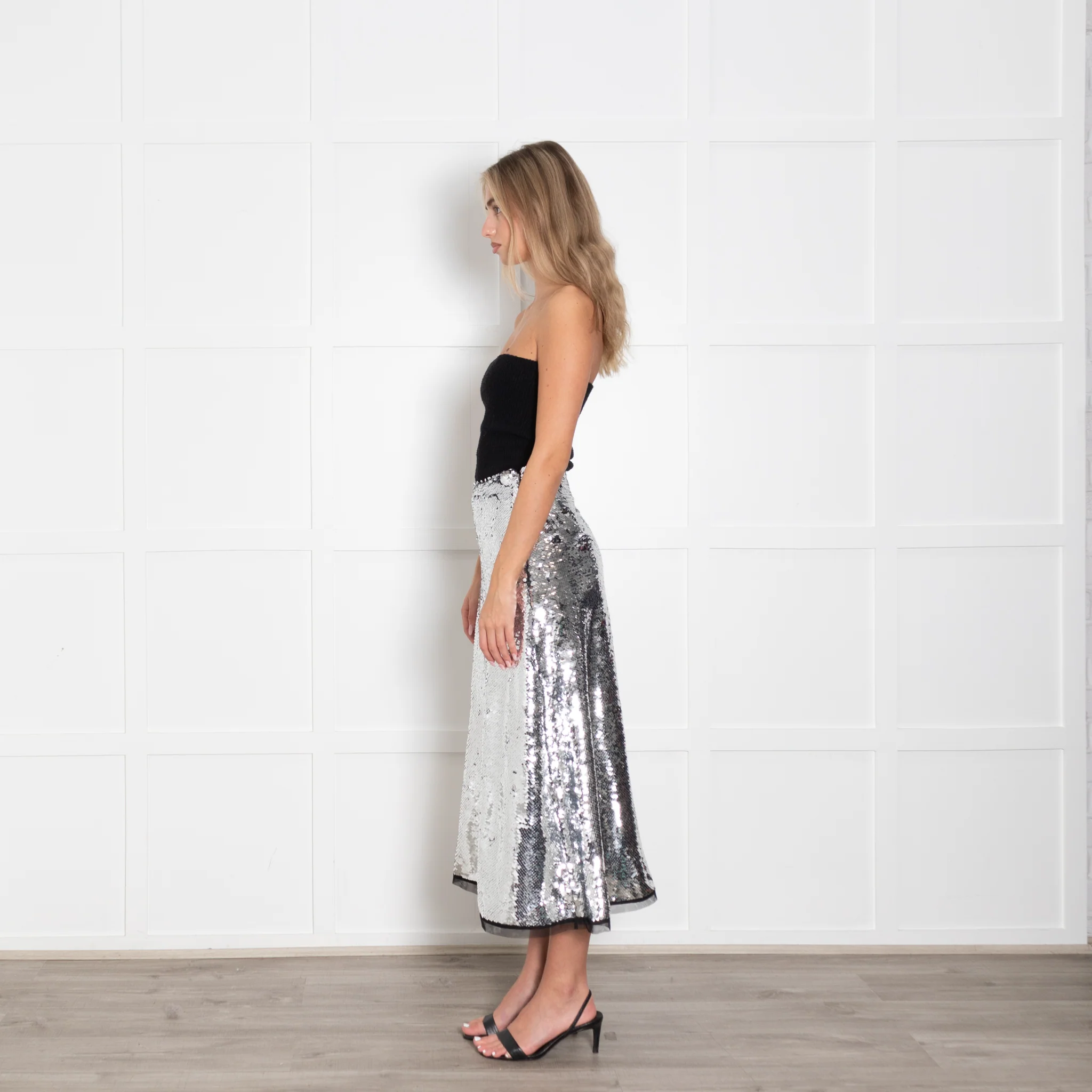 Molly Goddard Silver Sequin A Line Midi Skirt - Image 4