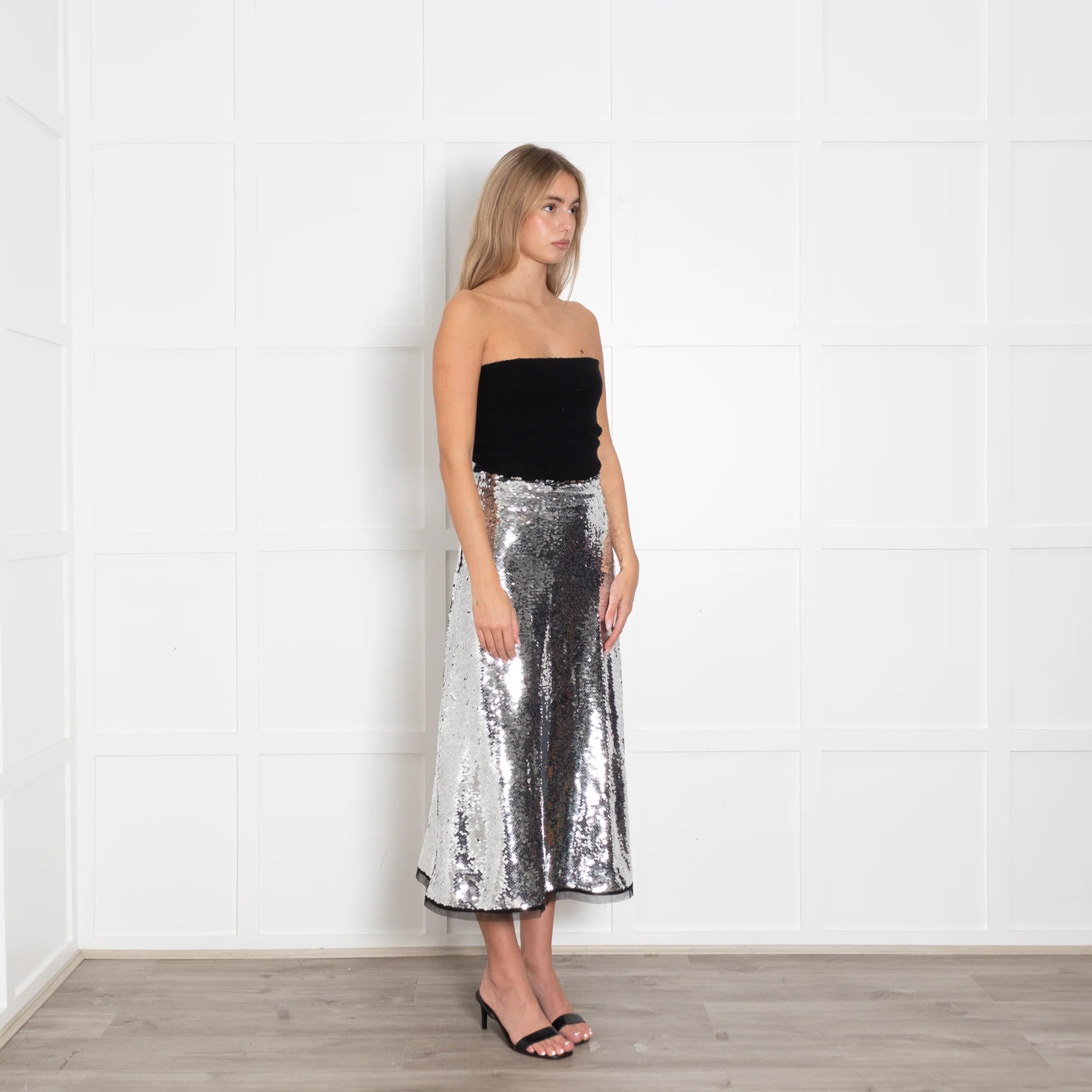 Molly Goddard Silver Sequin A Line Midi Skirt - Image 7