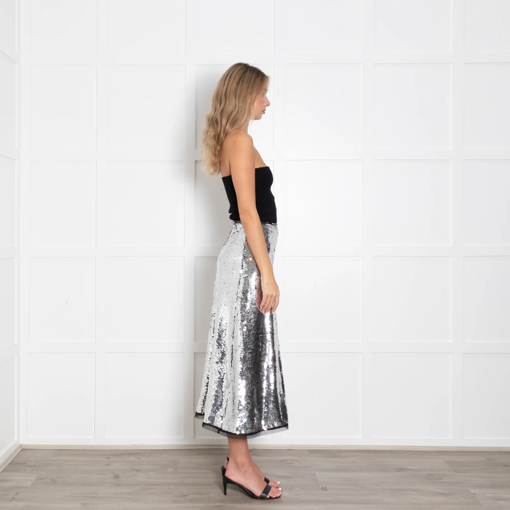 Molly Goddard Silver Sequin A Line Midi Skirt - Image 8