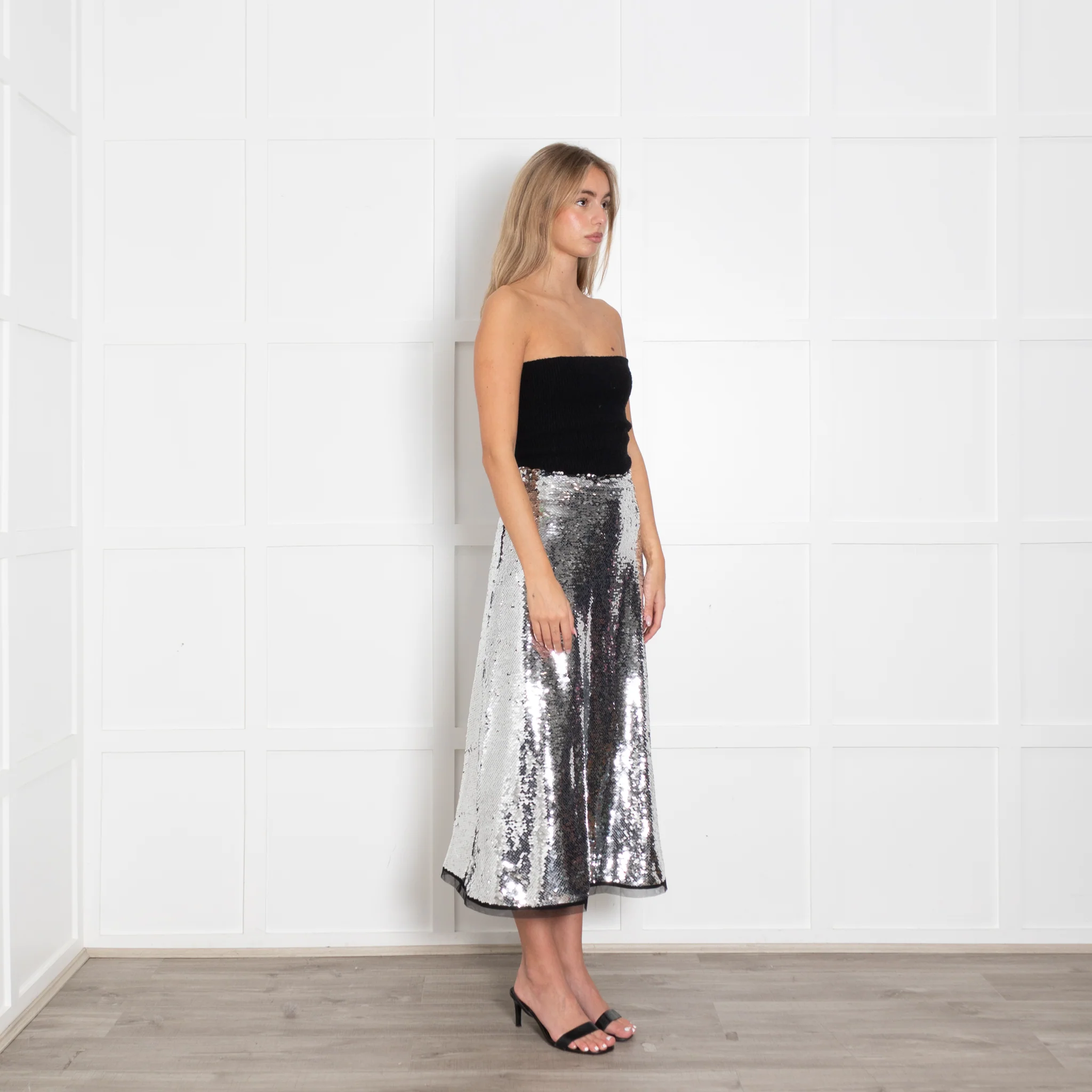 Molly Goddard Silver Sequin A Line Midi Skirt - Image 9