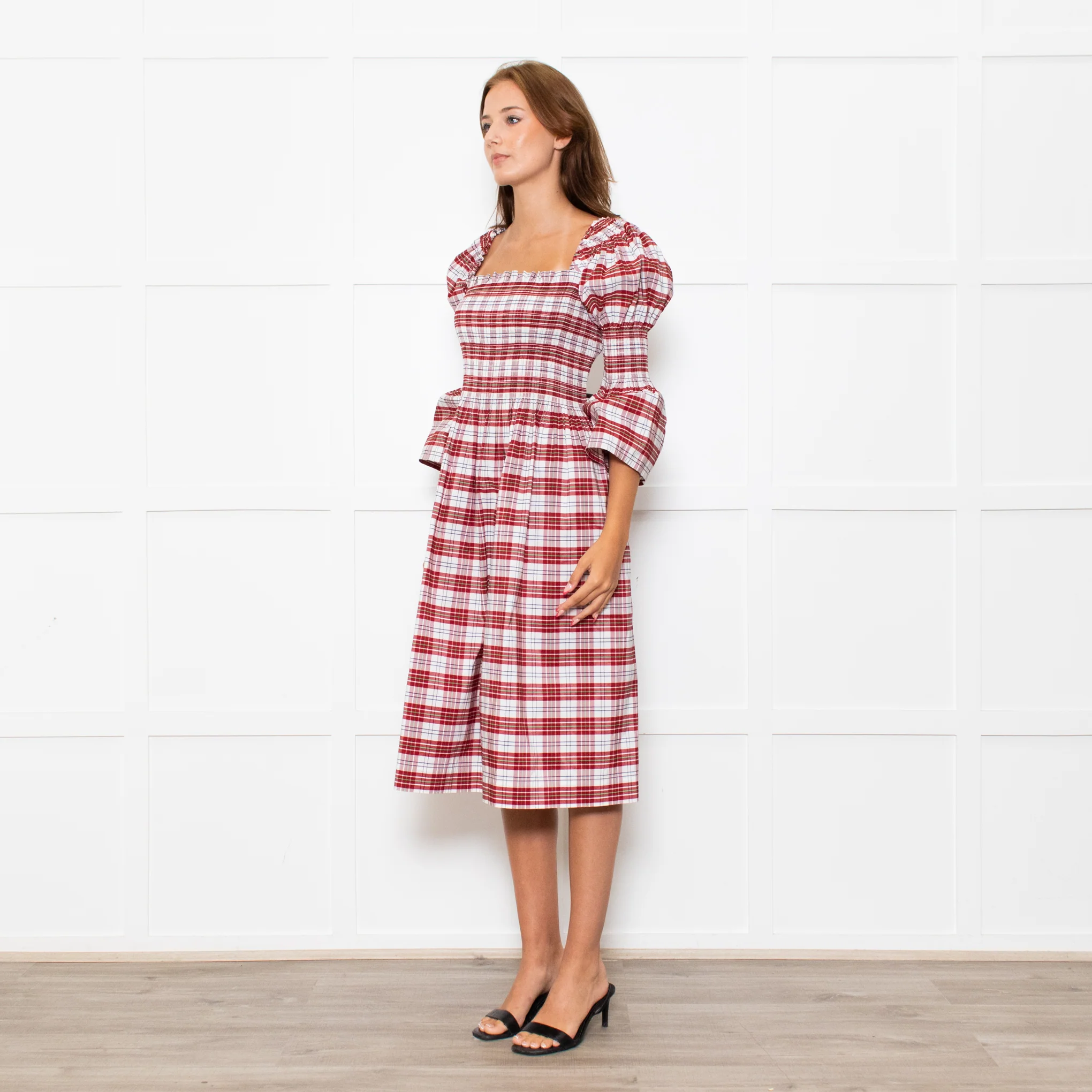 Molly Goddard White Red Green Check Smocked Cotton Blend Midi Dress - Image 2