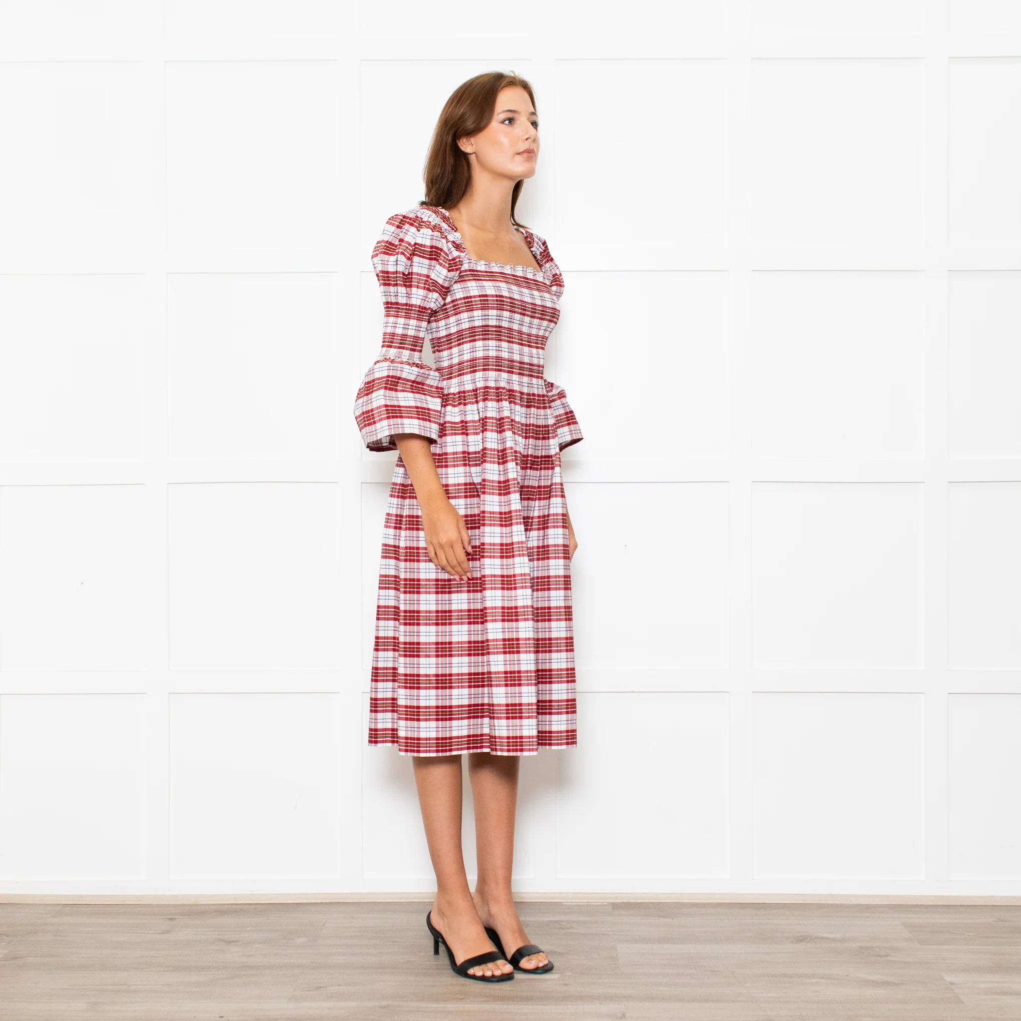 Molly Goddard White Red Green Check Smocked Cotton Blend Midi Dress - Image 3