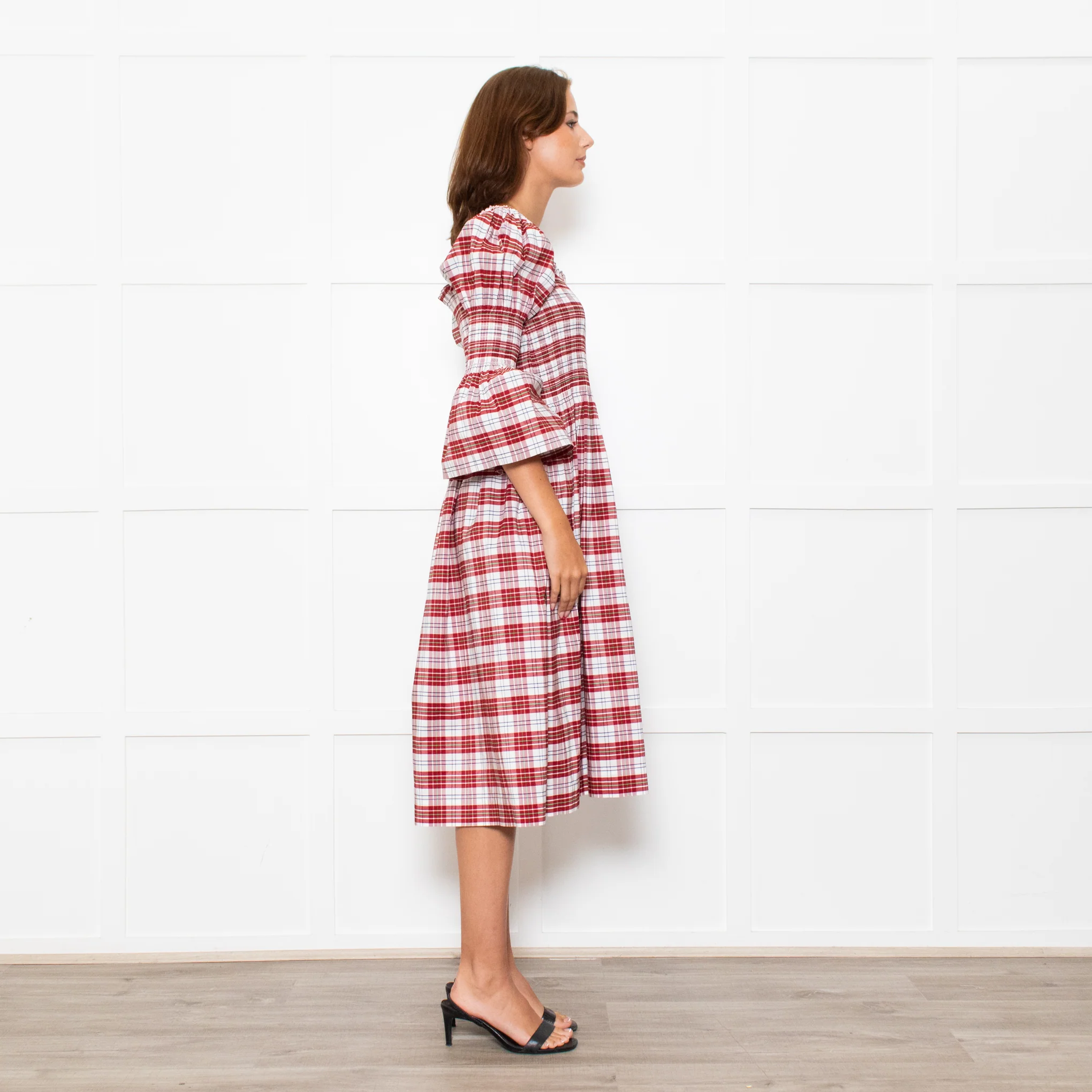 Molly Goddard White Red Green Check Smocked Cotton Blend Midi Dress - Image 4