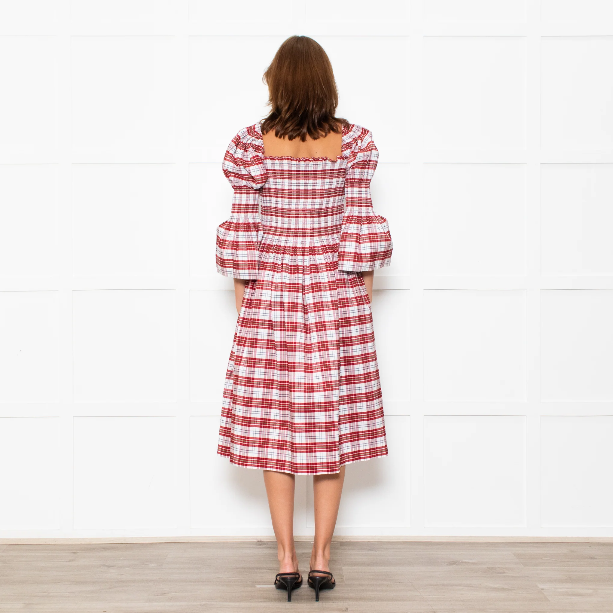 Molly Goddard White Red Green Check Smocked Cotton Blend Midi Dress - Image 5