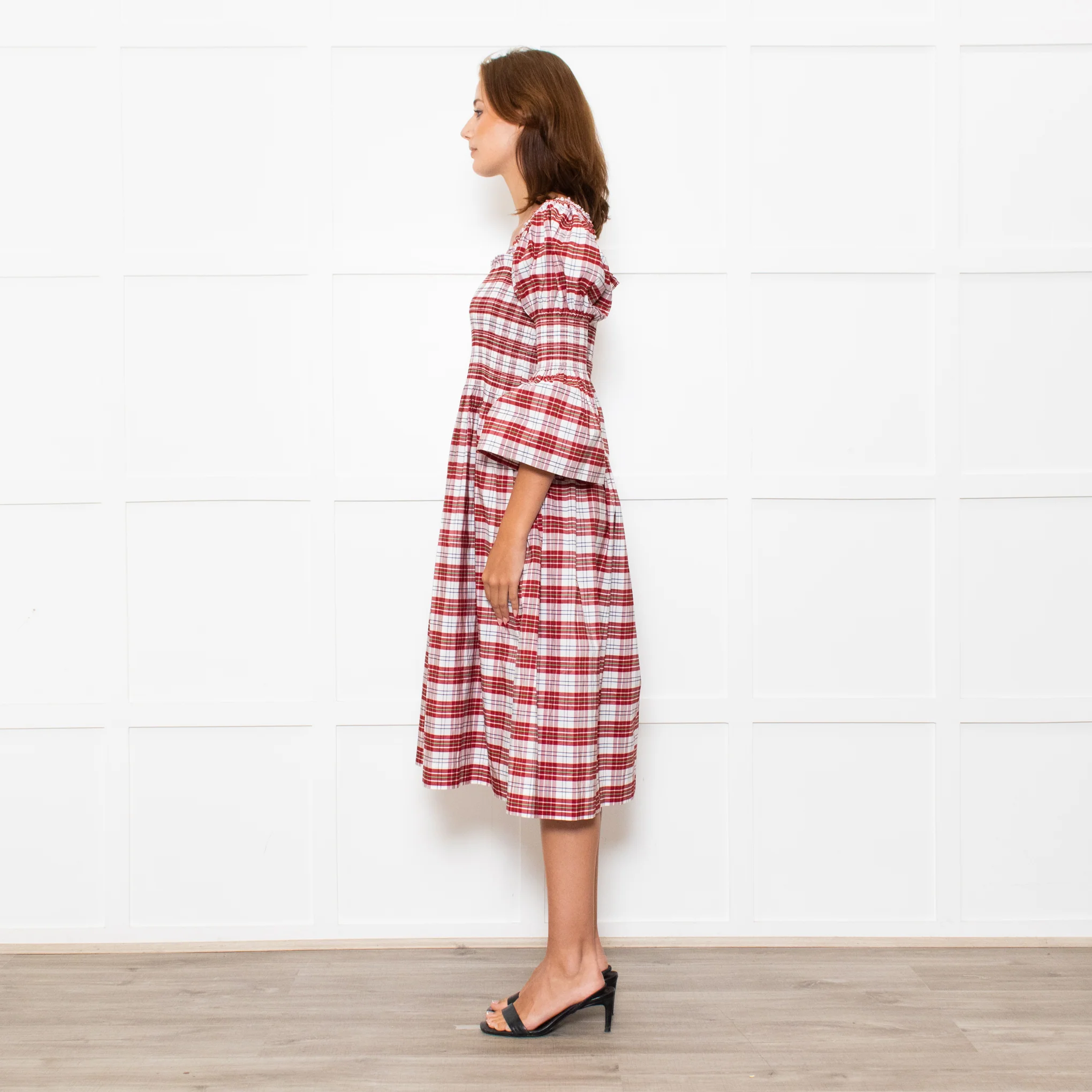 Molly Goddard White Red Green Check Smocked Cotton Blend Midi Dress - Image 6