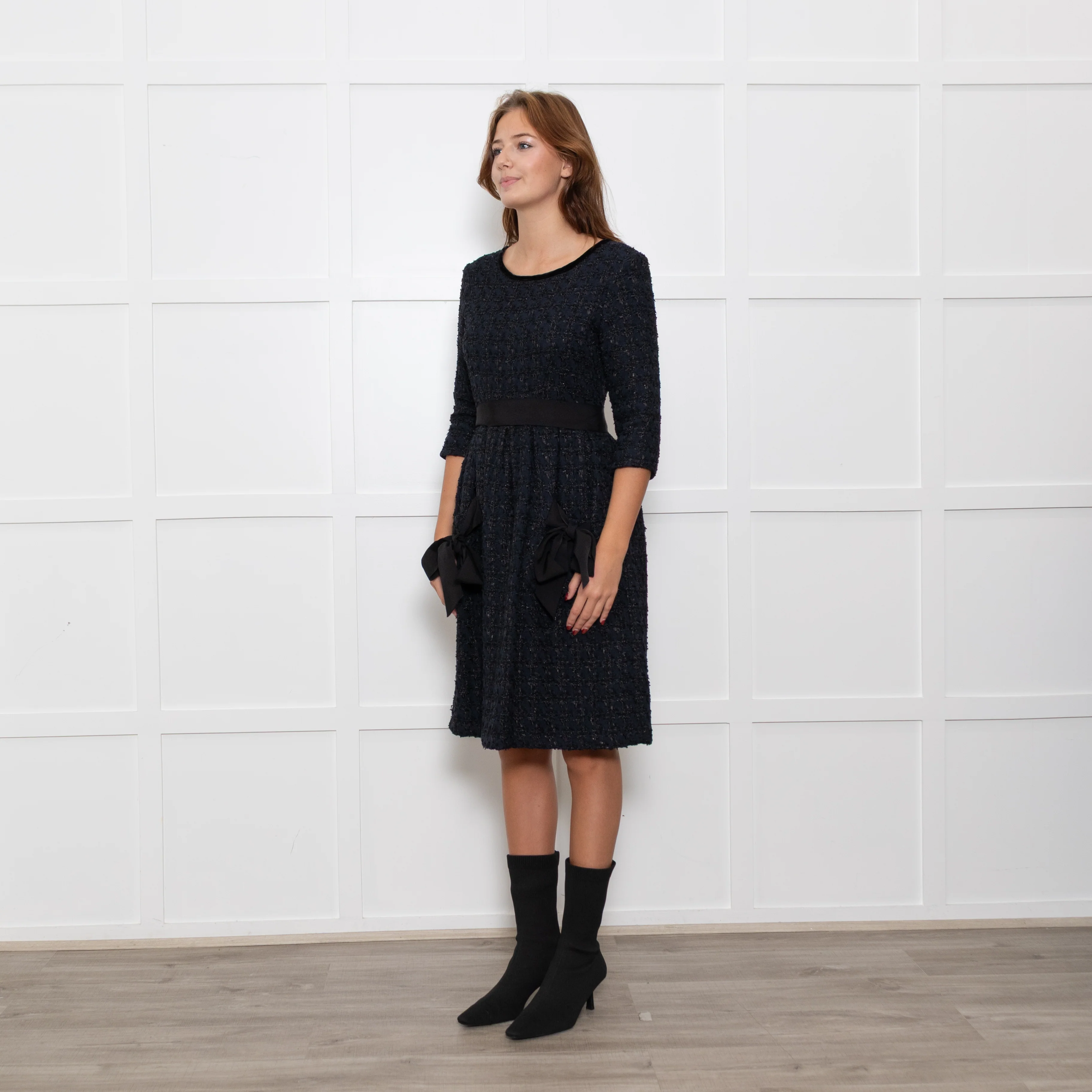 Moloh Midnight Blue Boucle Knit Dress with Grosgrain Ribbon Trims - Image 3