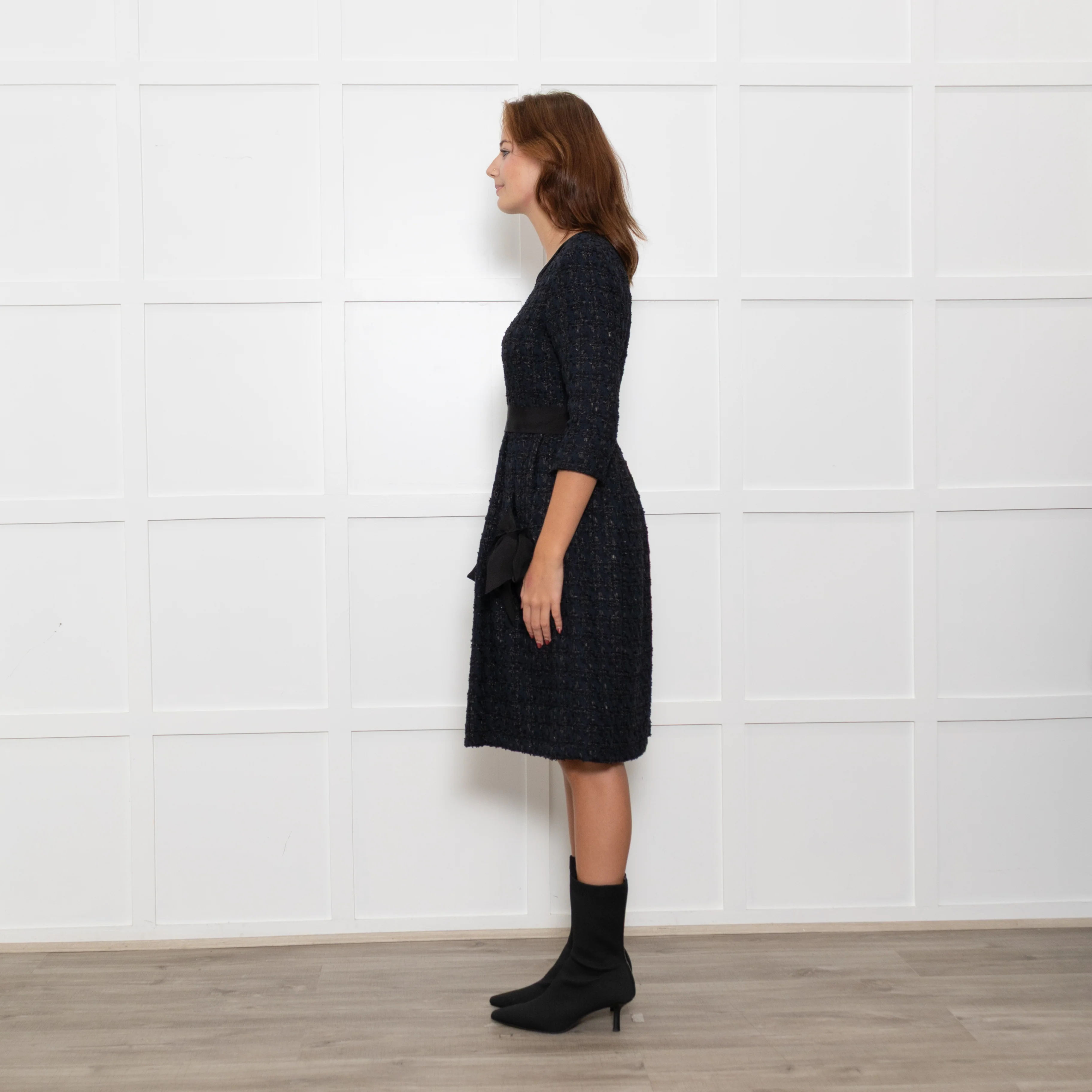 Moloh Midnight Blue Boucle Knit Dress with Grosgrain Ribbon Trims - Image 4