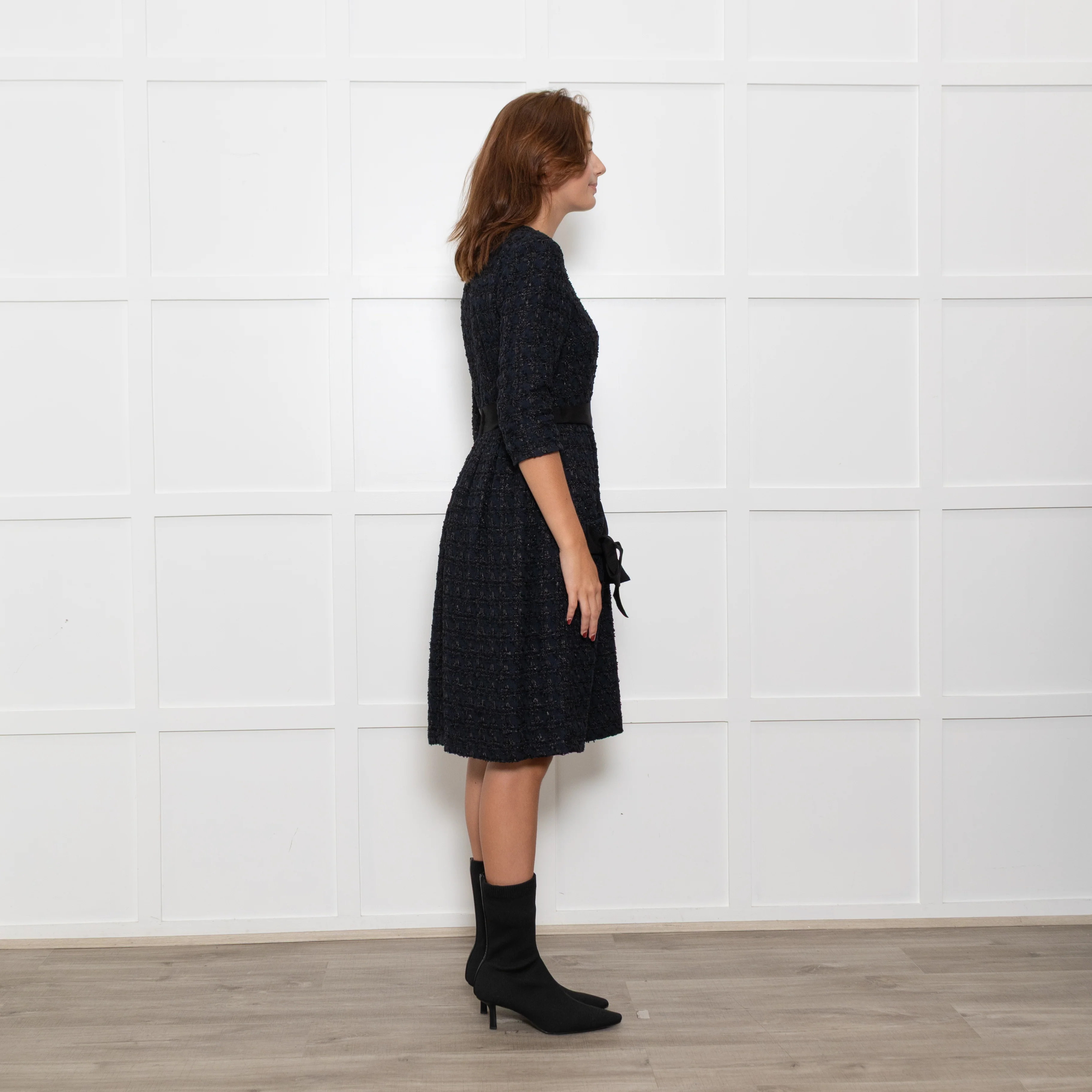 Moloh Midnight Blue Boucle Knit Dress with Grosgrain Ribbon Trims - Image 6