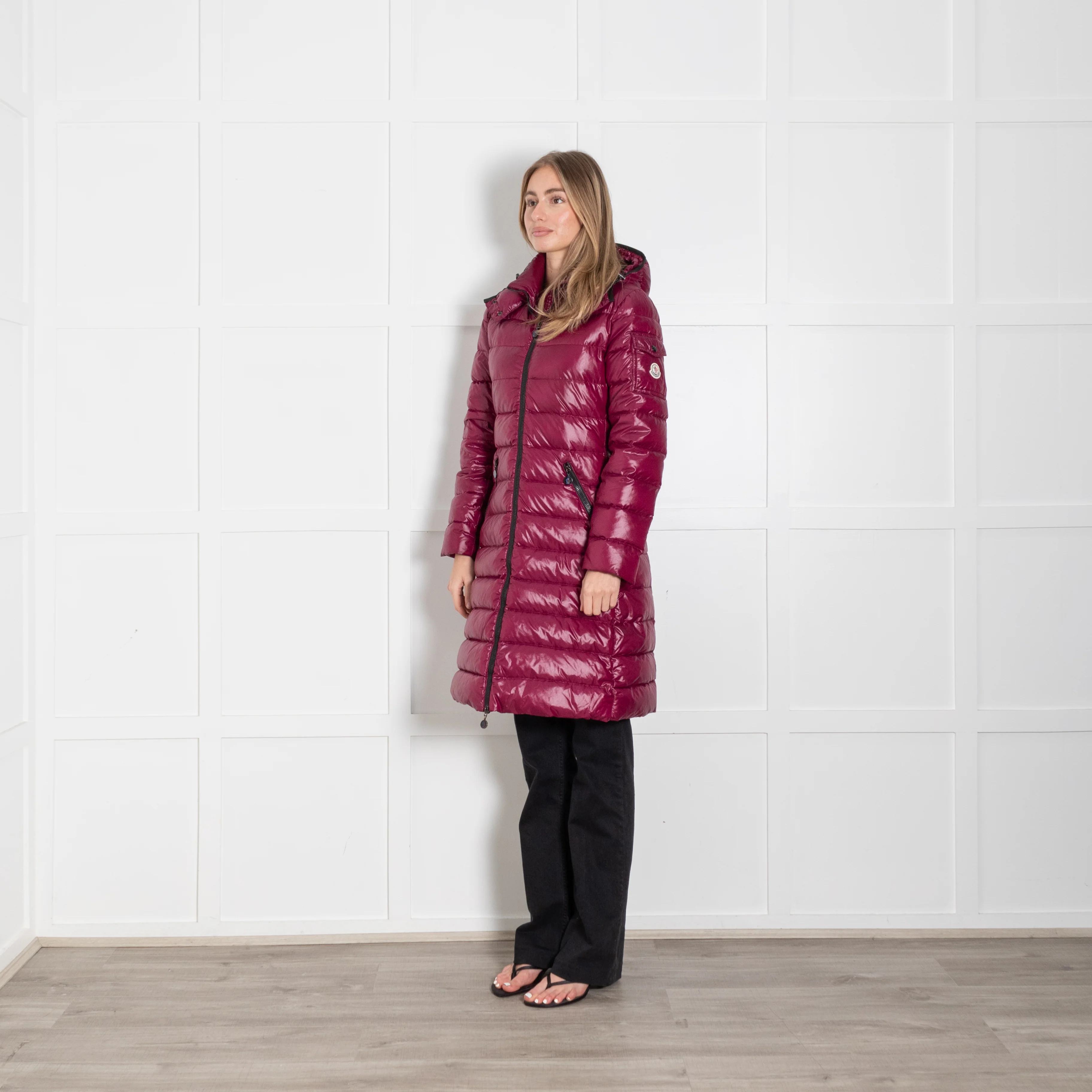 Moncler Plum Long Hooded Puffer Coat - Image 3