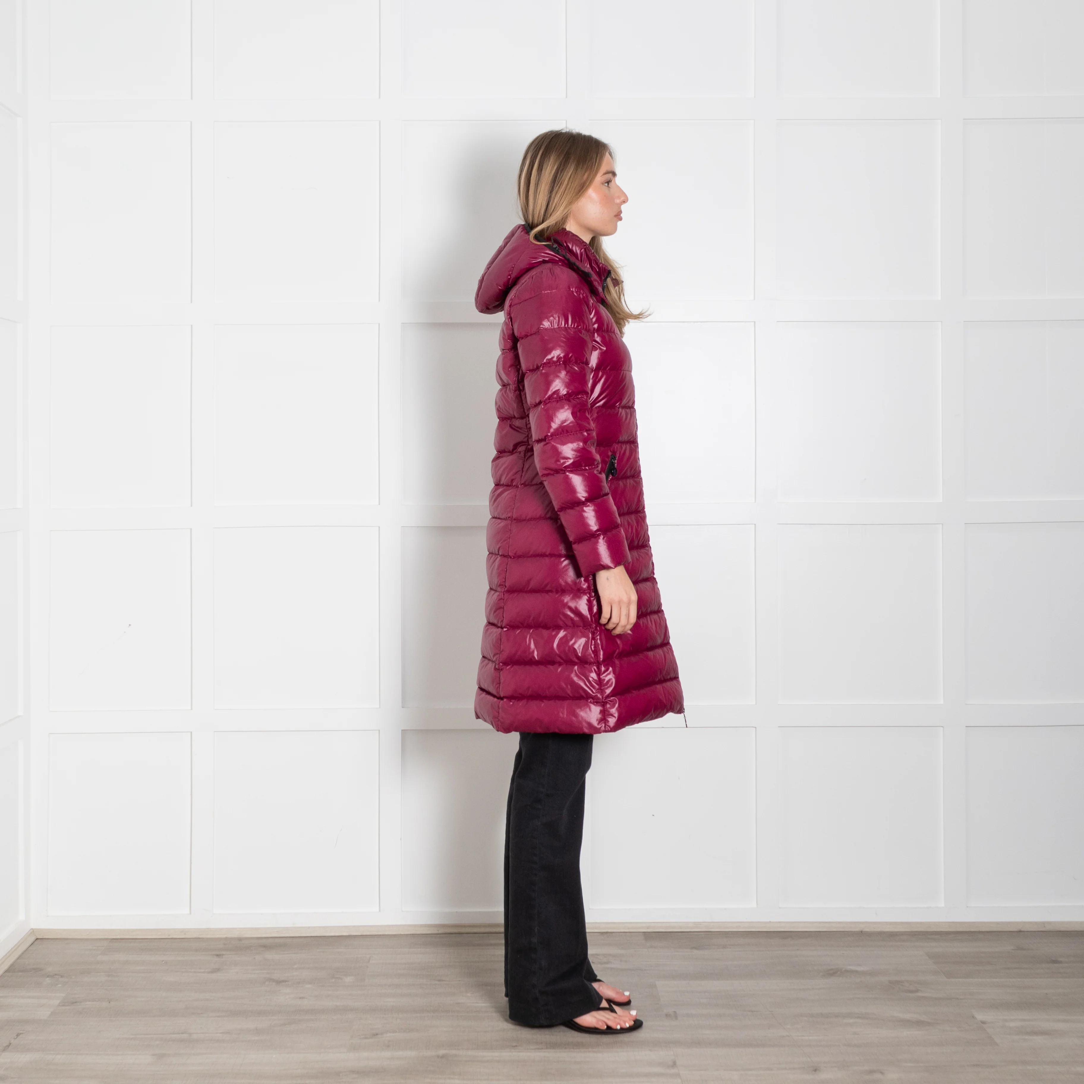 Moncler Plum Long Hooded Puffer Coat - Image 6